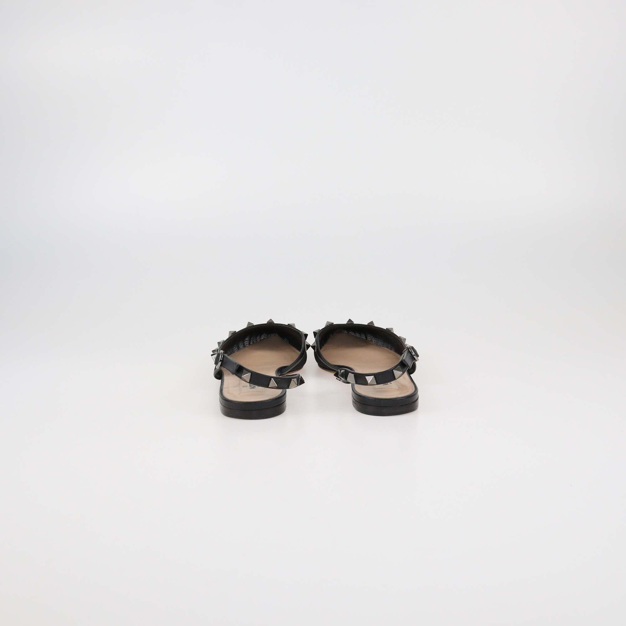 Valentino Black Mesh and Leather Rockstud Pointed Toe Slingback Flats Womens Valentino 