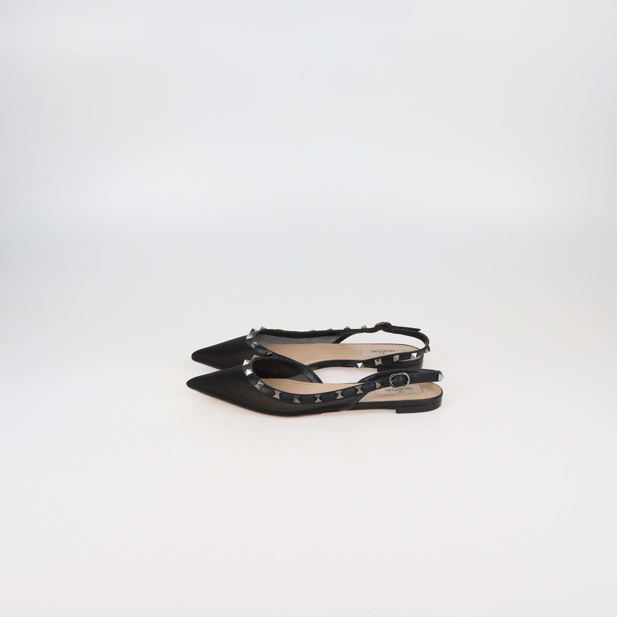 Valentino Black Mesh and Leather Rockstud Pointed Toe Slingback Flats Womens Valentino 
