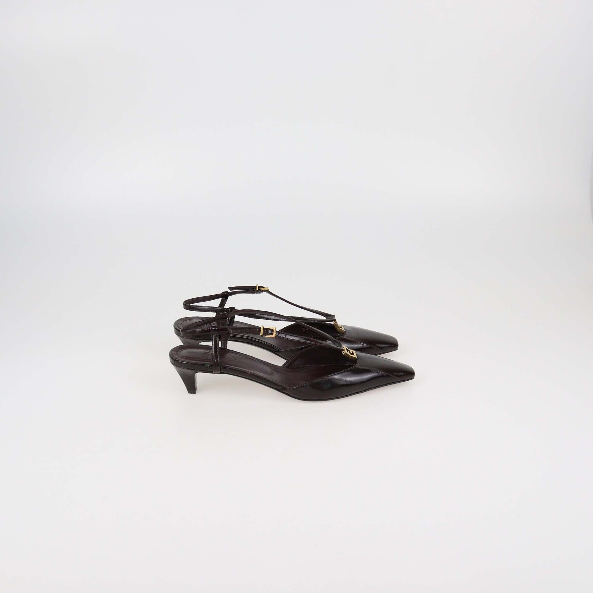 Fendi Dark Brown Eel Leather Low Heeled Slingback Pumps Womens Fendi 
