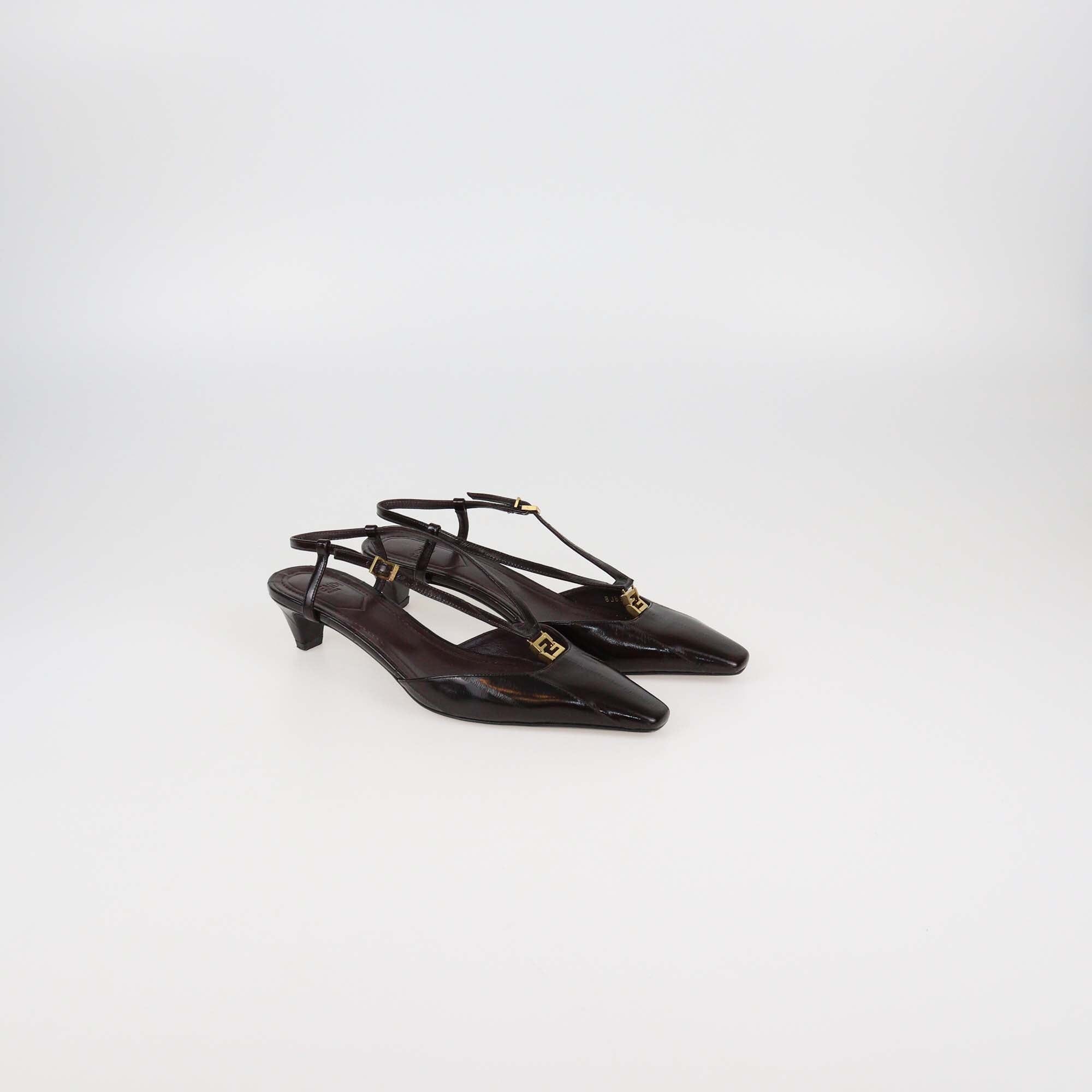 Fendi Dark Brown Eel Leather Low Heeled Slingback Pumps Womens Fendi 