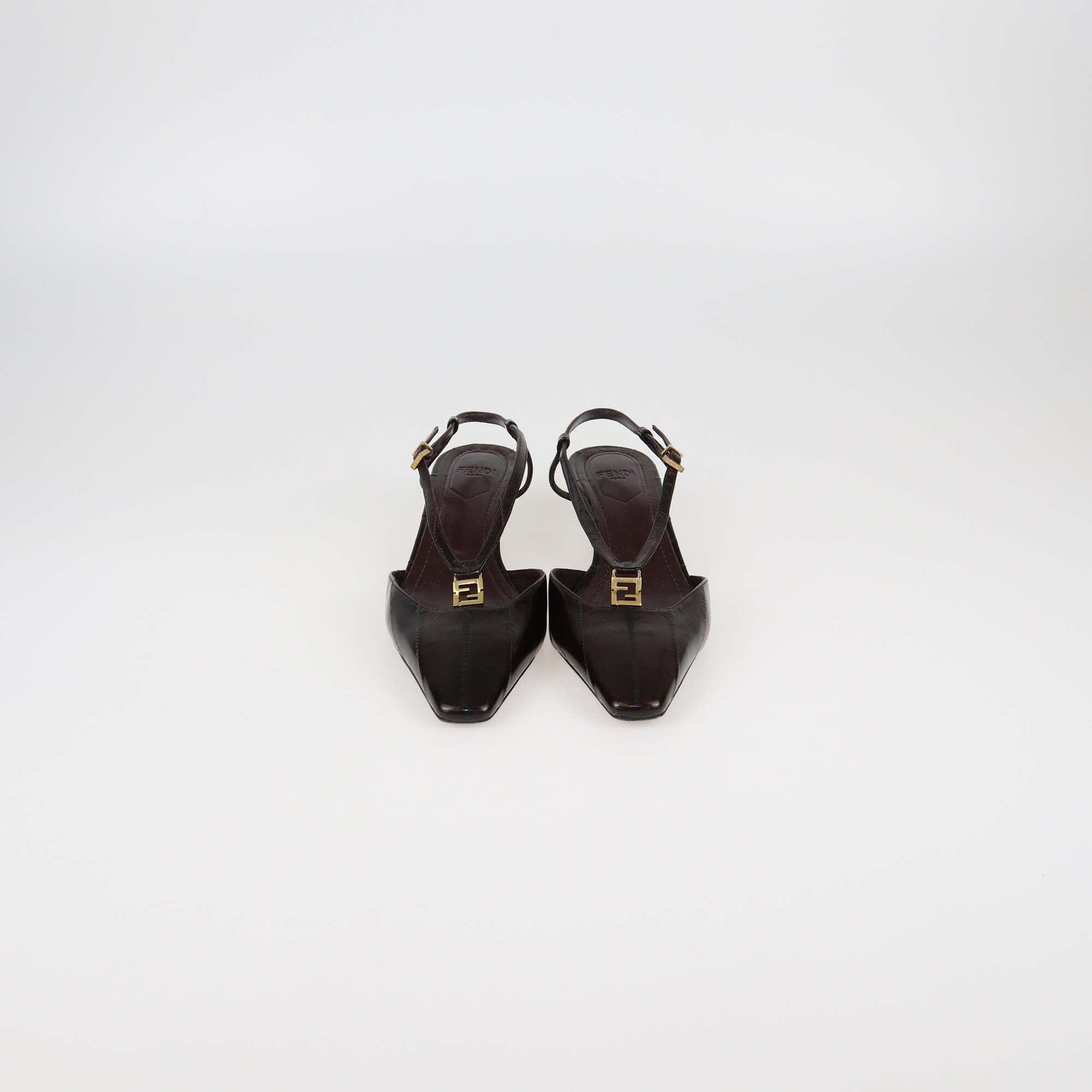 Fendi Dark Brown Eel Leather Low Heeled Slingback Pumps Womens Fendi 