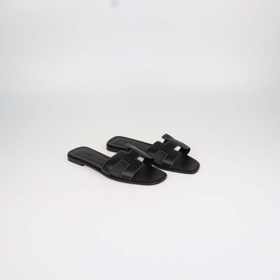 Hermes Black Box Calf Leather Oran Sandals