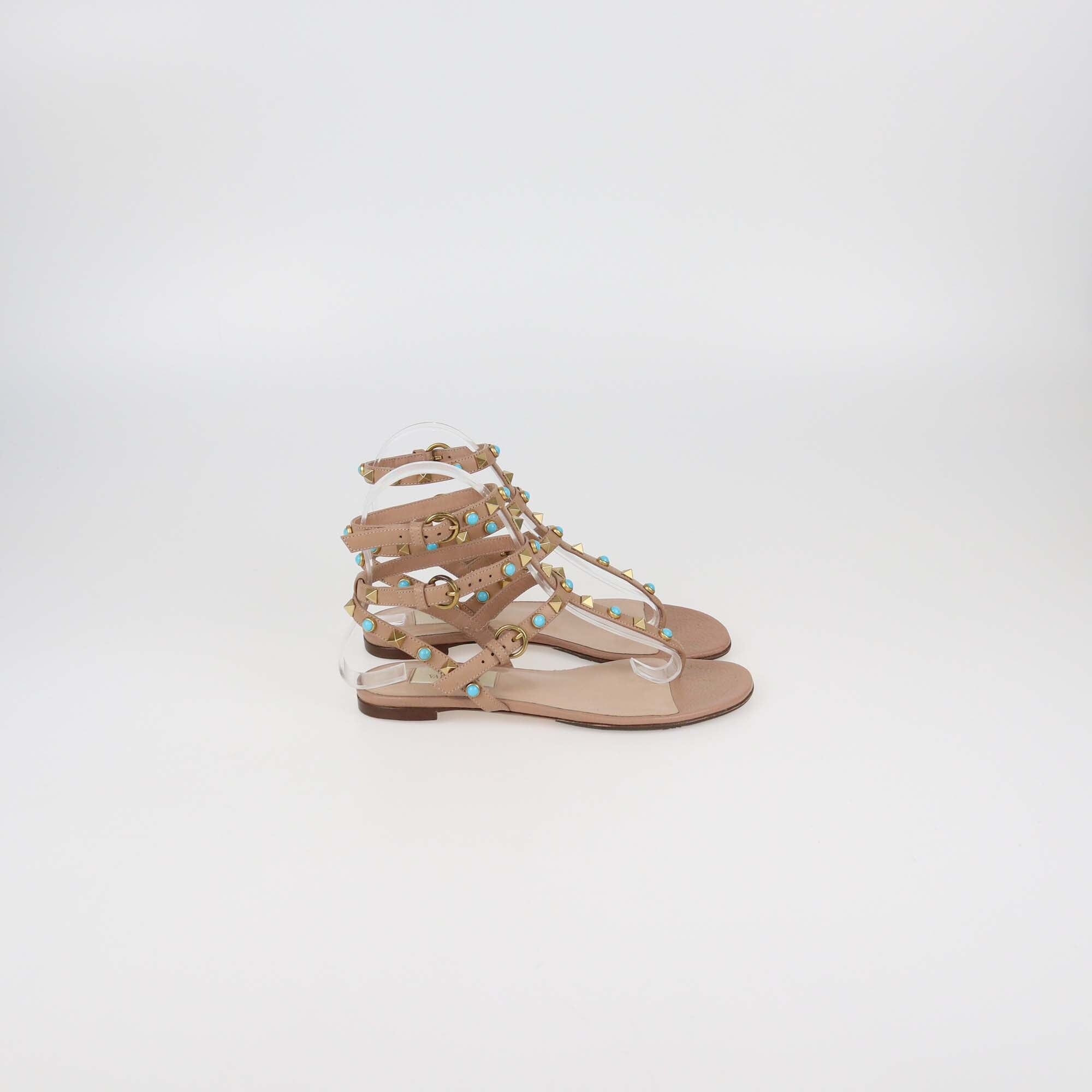 Valentino Beige Leather Rolling Stud Flat Sandals Womens Valentino 