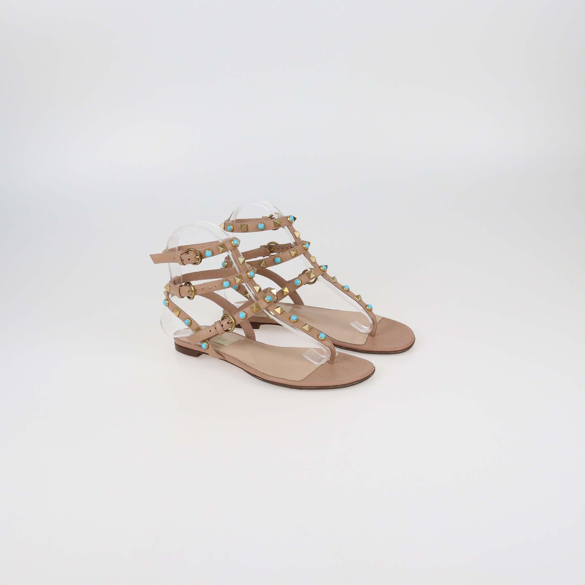 Valentino Beige Leather Rolling Stud Flat Sandals Womens Valentino 