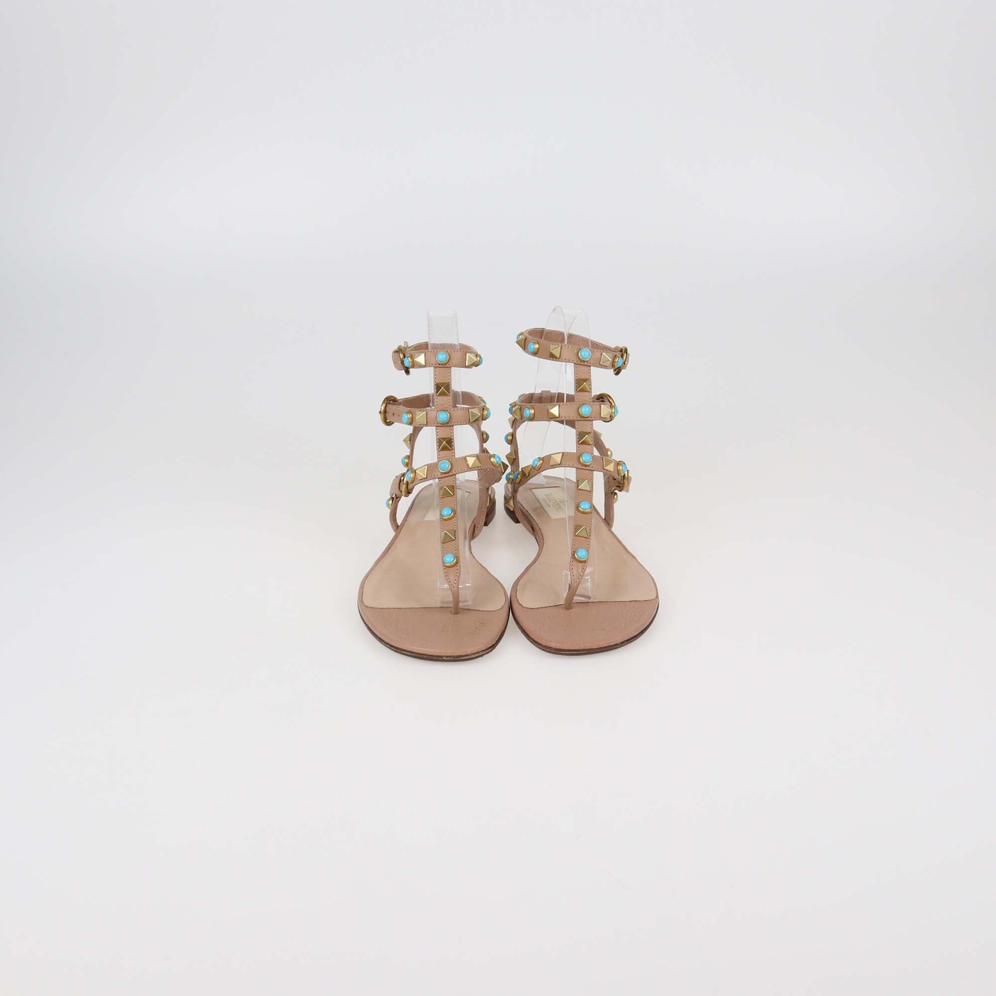 Valentino Beige Leather Rolling Stud Flat Sandals Womens Valentino 