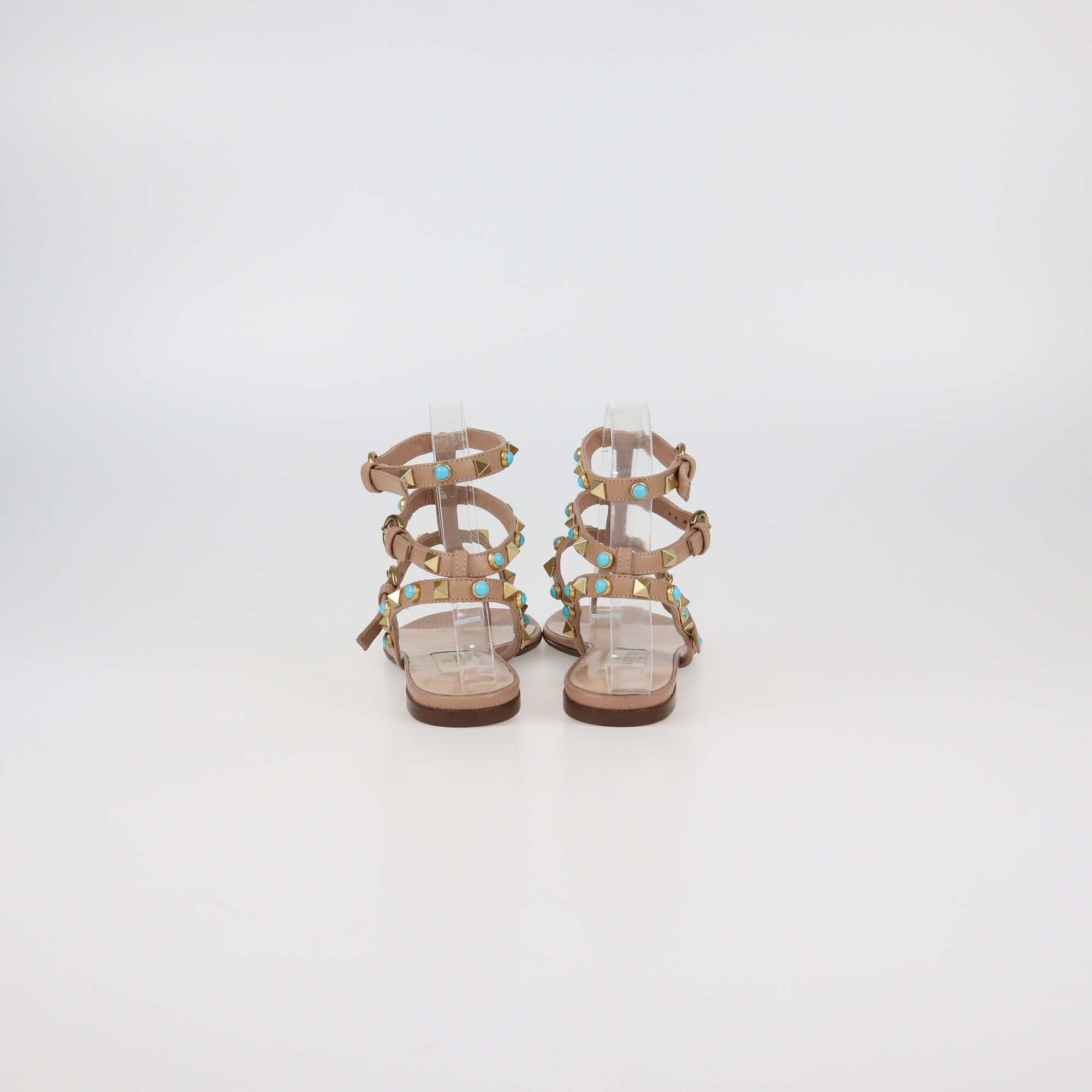 Valentino Beige Leather Rolling Stud Flat Sandals Womens Valentino 