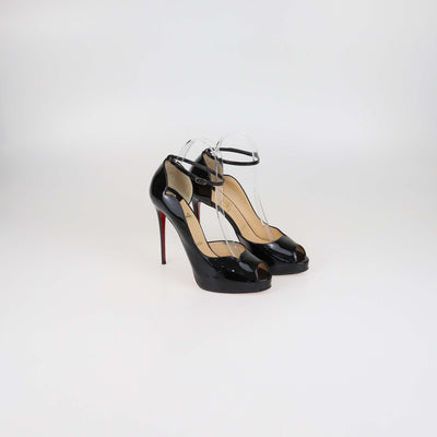 Christian Louboutin Black Patent Leather Round Chick Alta Platform Ankle Strap Pumps