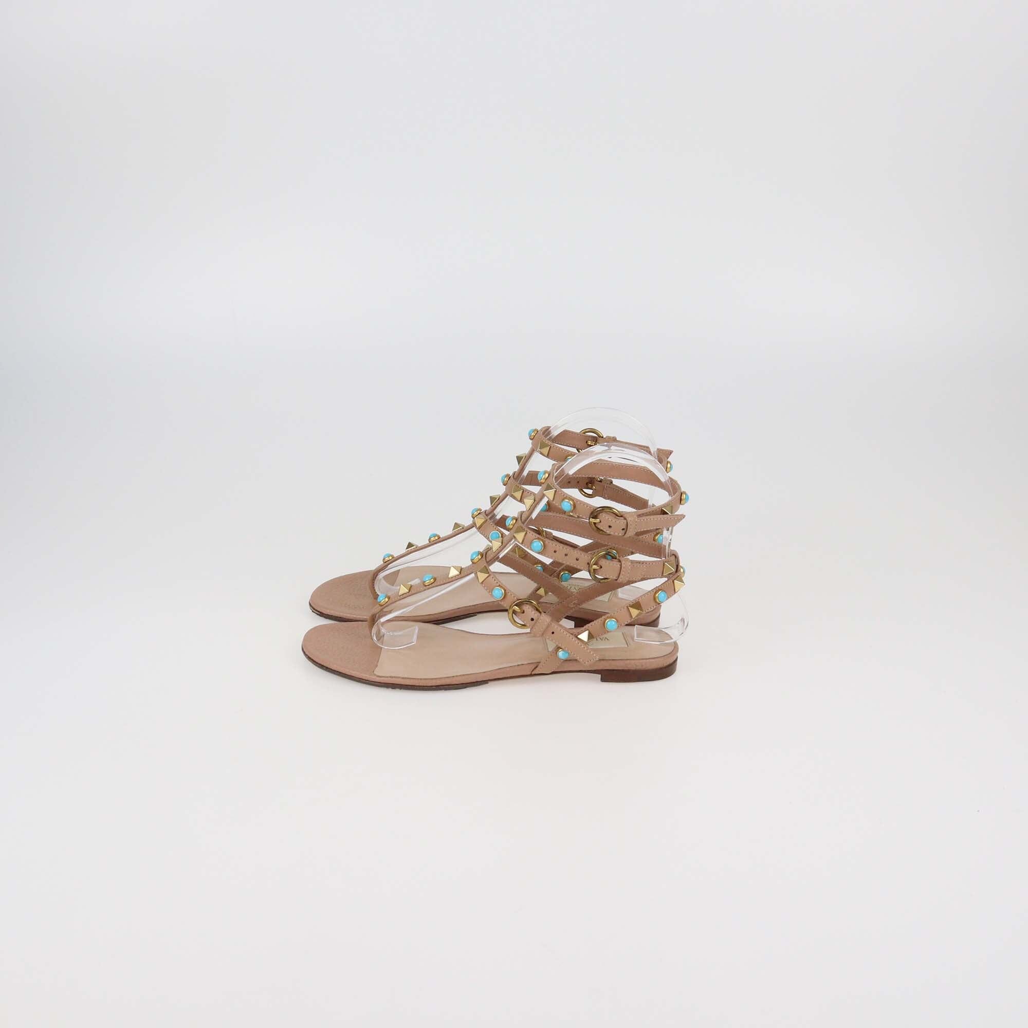 Valentino Beige Leather Rolling Stud Flat Sandals Womens Valentino 