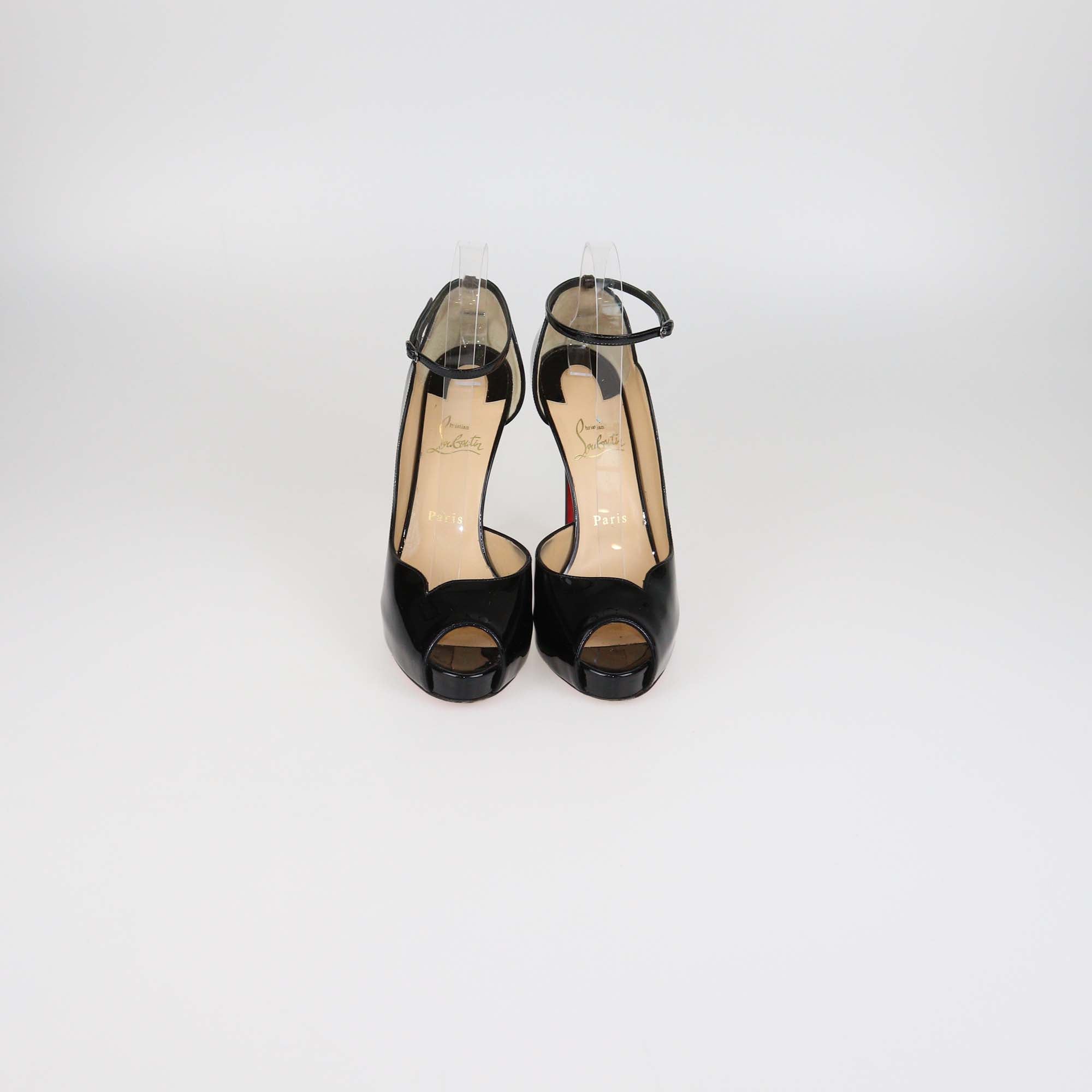 Christian Louboutin Black Patent Leather Round Chick Alta Platform Ankle Strap Pumps