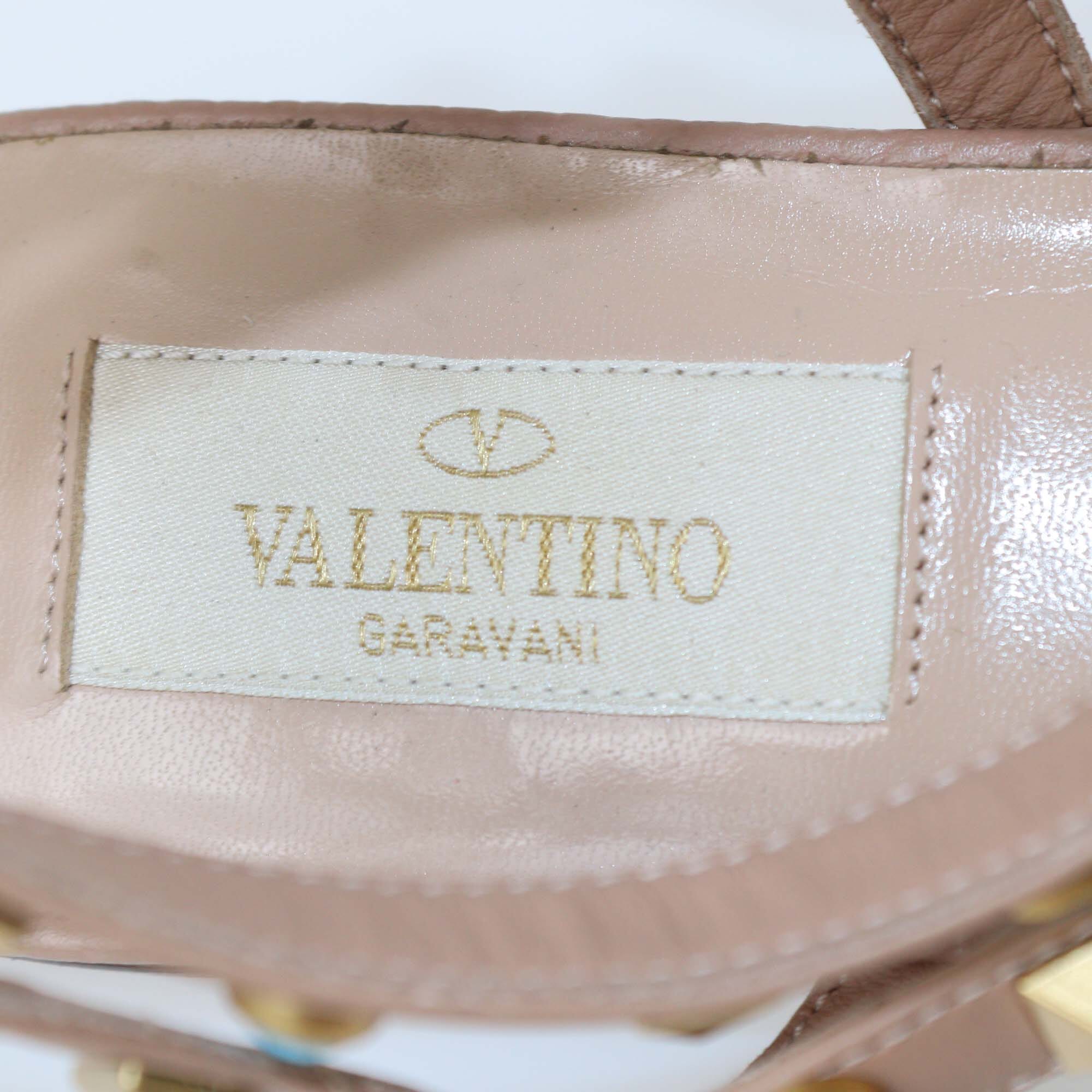 Valentino Beige Leather Rolling Stud Flat Sandals Womens Valentino 