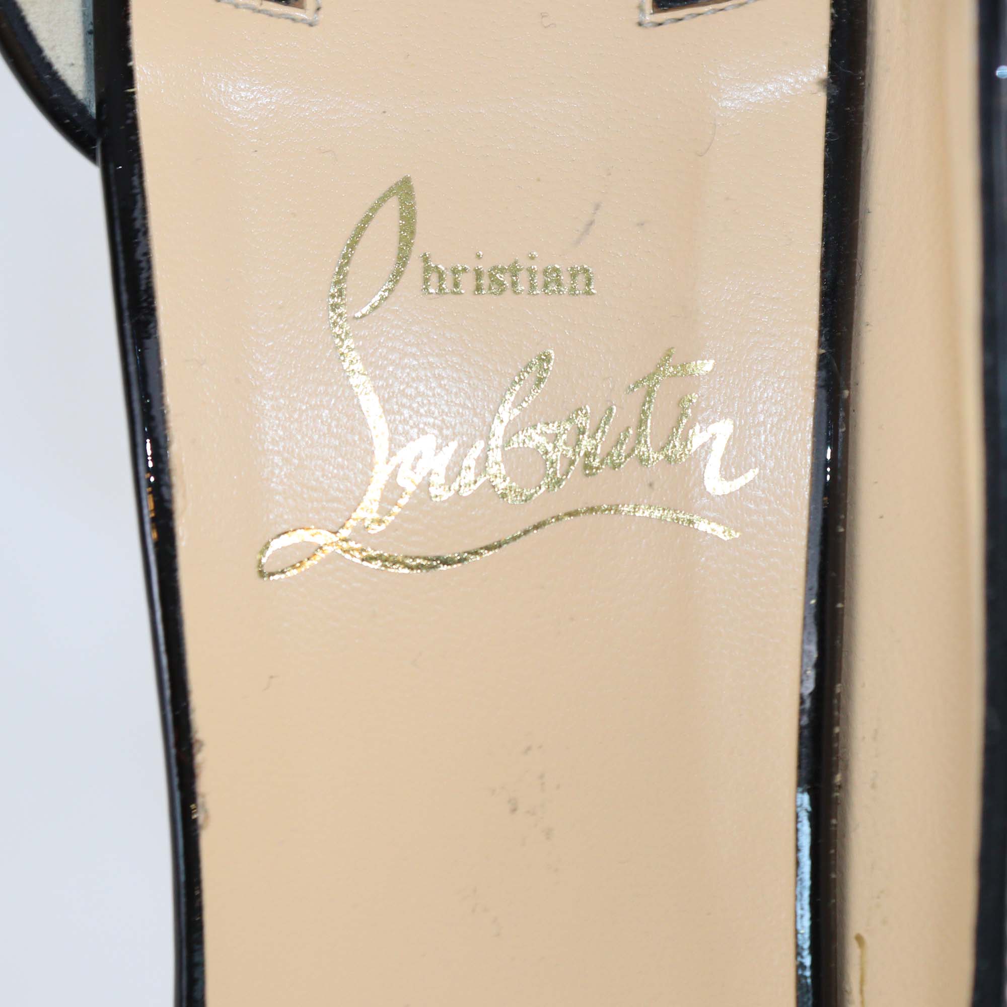 Christian Louboutin Black Patent Leather Round Chick Alta Platform Ankle Strap Pumps