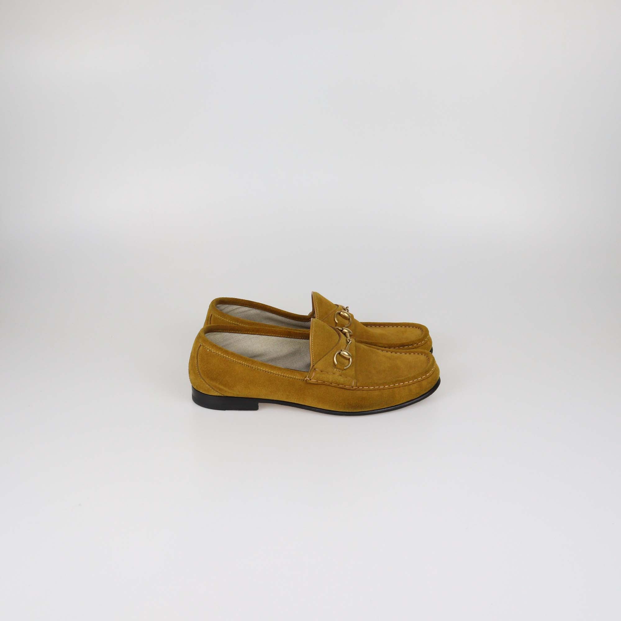 Gucci Yellow Suede Horsebit Loafers