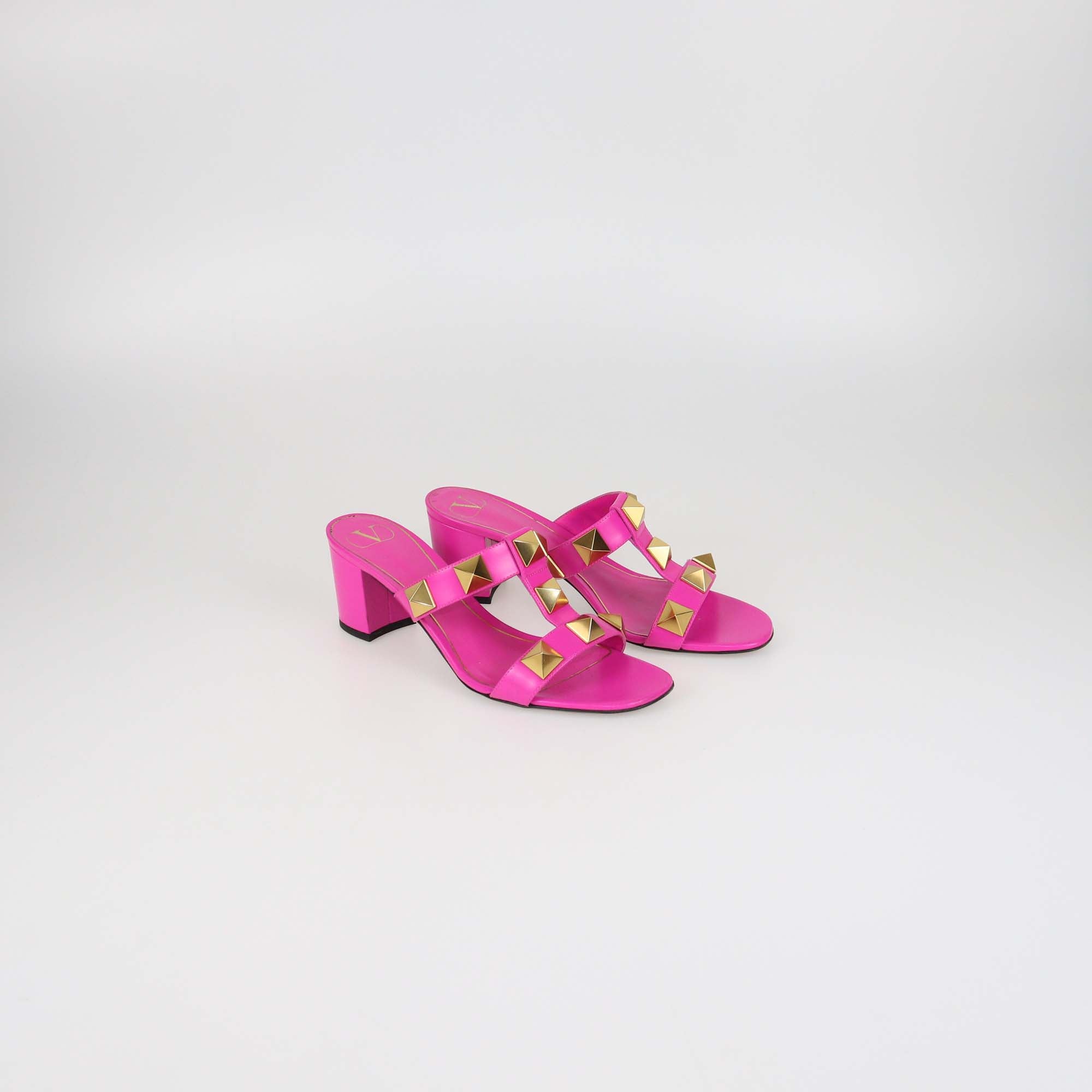Valentino Fuchsia Leather Roman Stud Block Heel Sandals