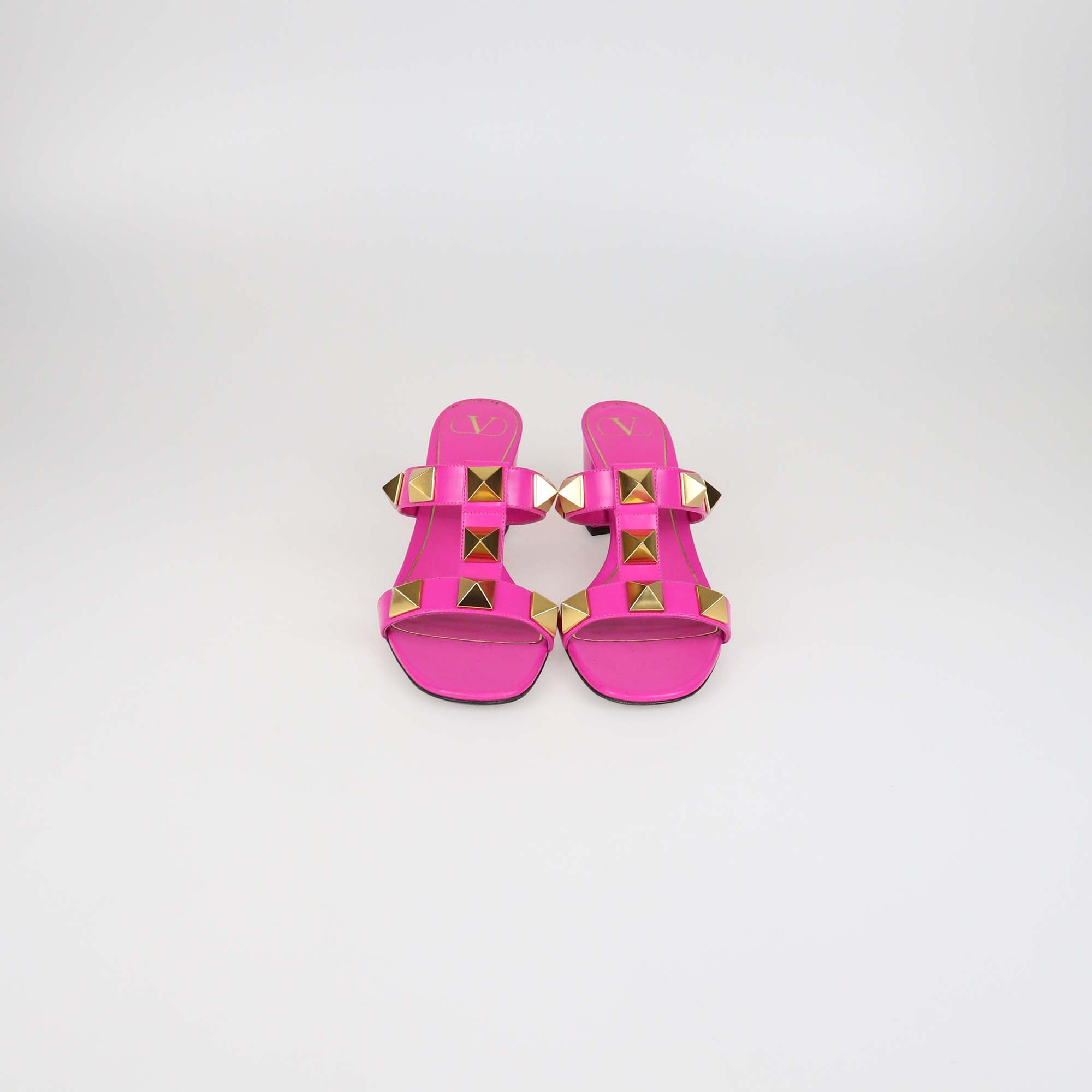 Valentino Fuchsia Leather Roman Stud Block Heel Sandals