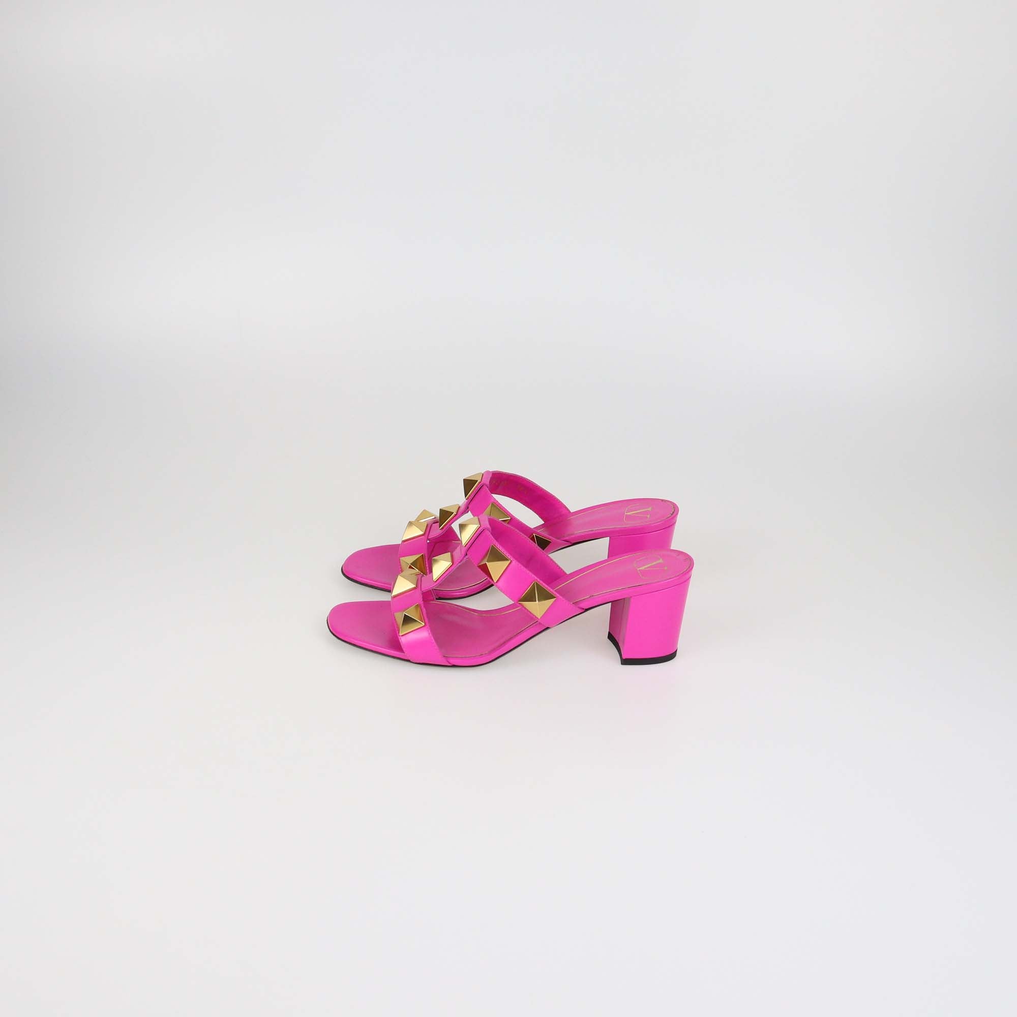 Valentino Fuchsia Leather Roman Stud Block Heel Sandals
