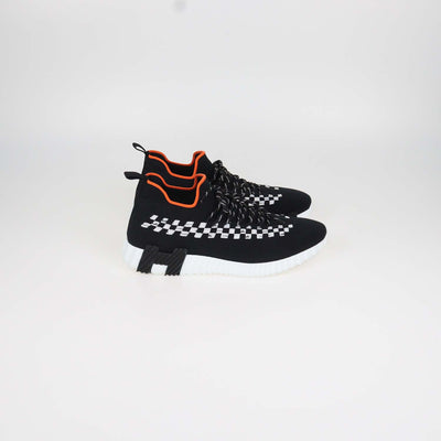 Hermes Black, White Knit Fabric Braided Bolduc Flex Slip-on Sneakers