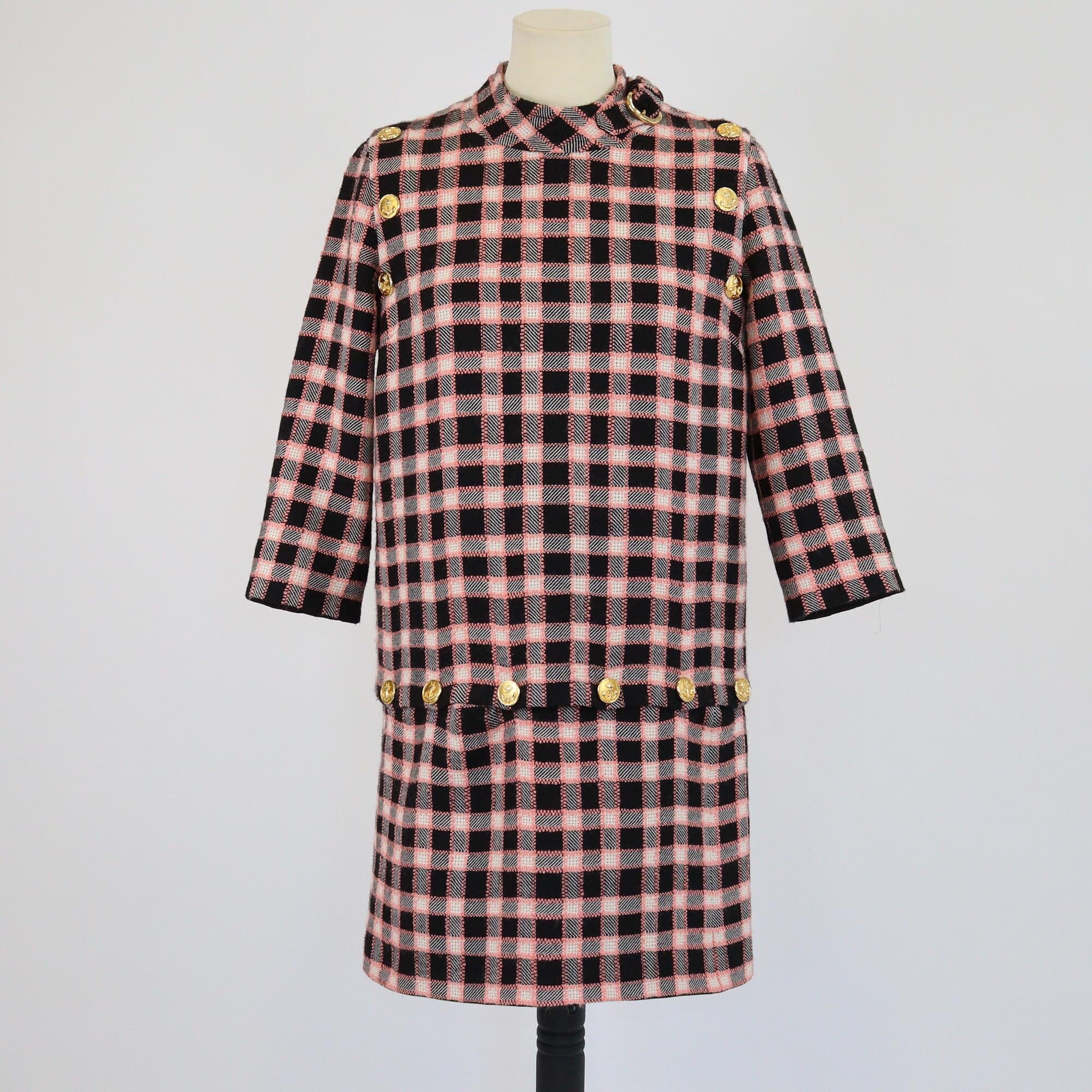 Gucci Multicolor Plaid Print Tweed Removable Three Quarter Sleeve & Skirt Mock Neck Tunic Dress Womens Gucci 