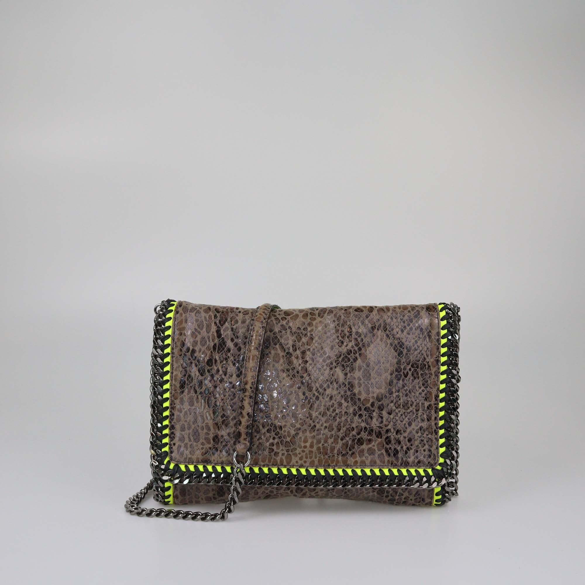 Stella McCartney Brown/Neon Green Python Effect Faux Suede Falabella Crossbody Bag Womens Stella McCartney 