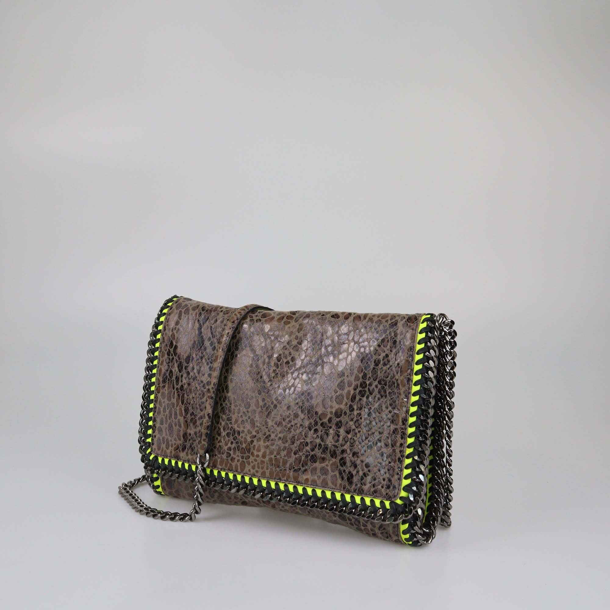 Stella McCartney Brown/Neon Green Python Effect Faux Suede Falabella Crossbody Bag Womens Stella McCartney 