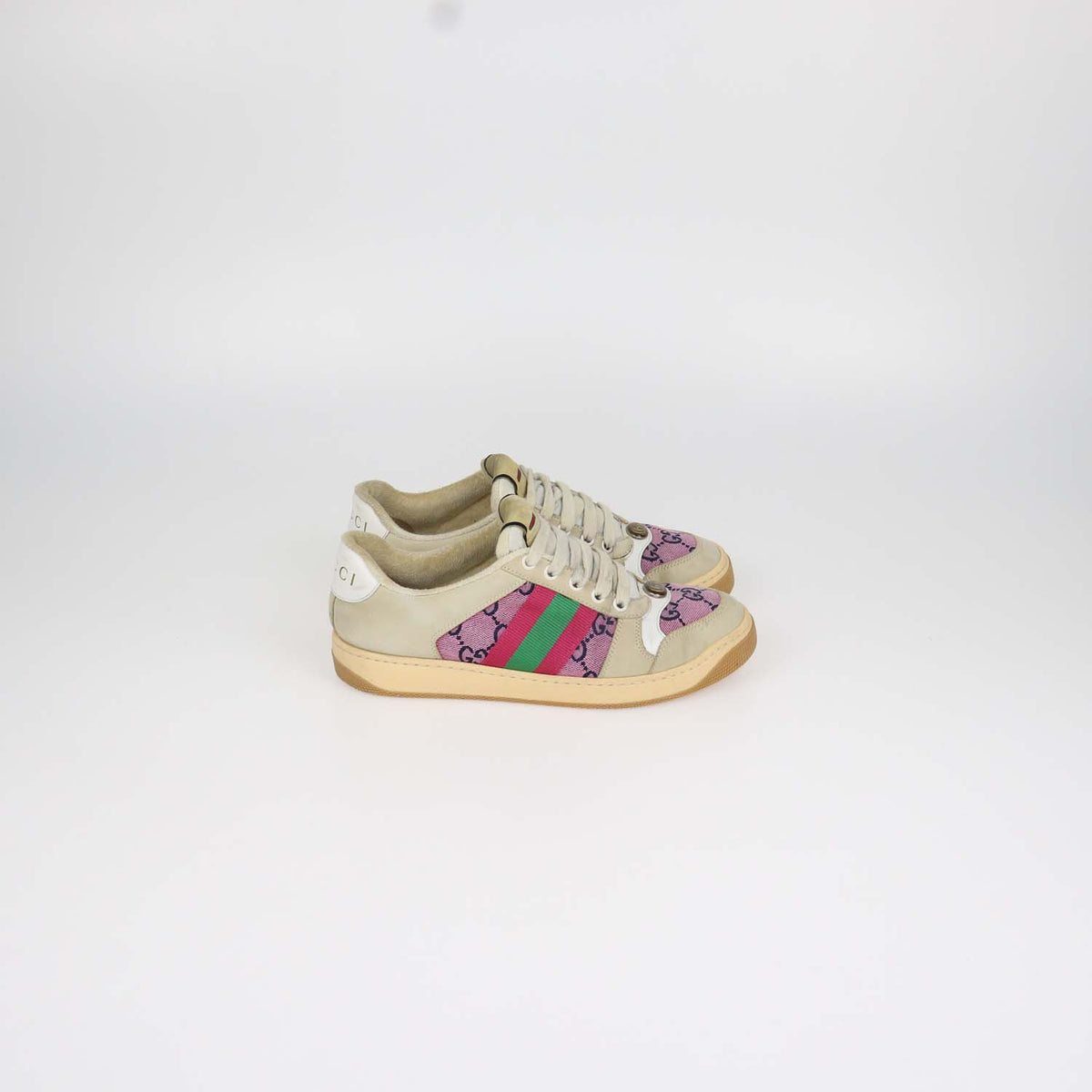 Gucci Beige, Pink GG Canvas and Suede Screener Sneakers