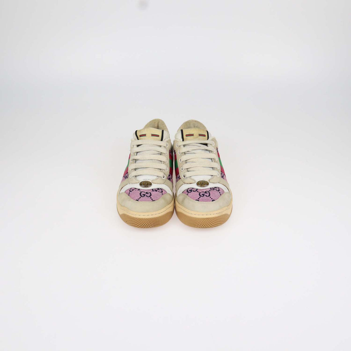 Gucci Beige, Pink GG Canvas and Suede Screener Sneakers