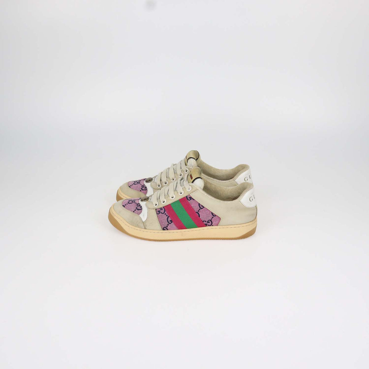 Gucci Beige, Pink GG Canvas and Suede Screener Sneakers