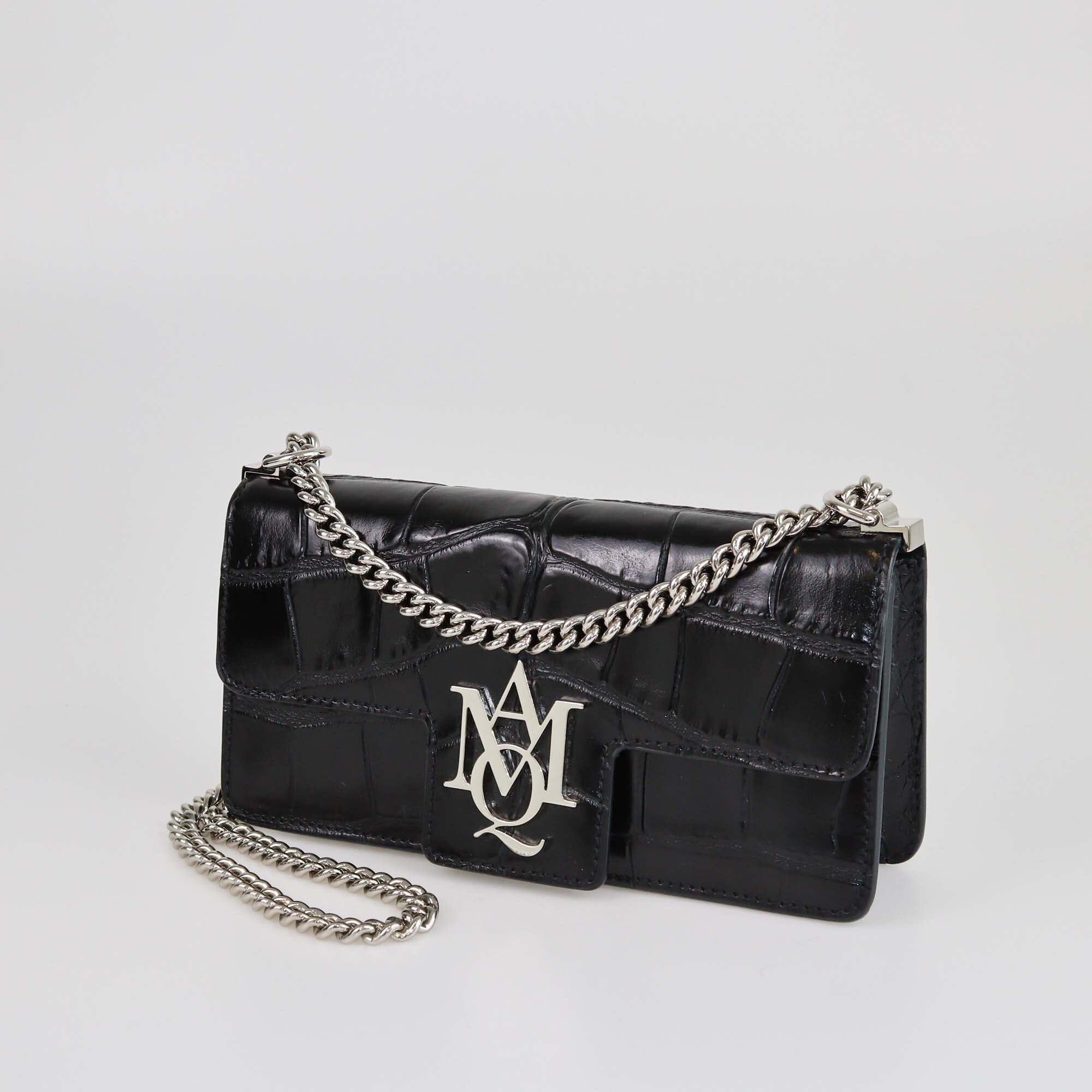 Alexander McQueen Black Croc Embossed Insignia Chain Clutch Womens Alexander Mcqueen 