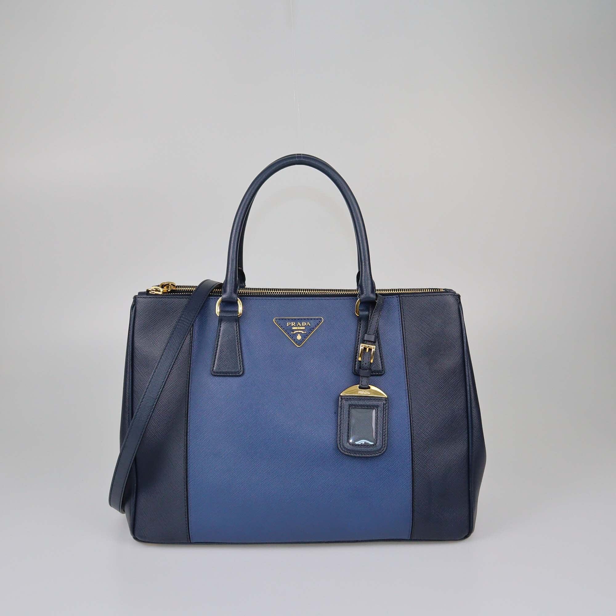 Prada Two Tone Blue Saffiano Lux Medium Double Zip Tote Womens Prada 