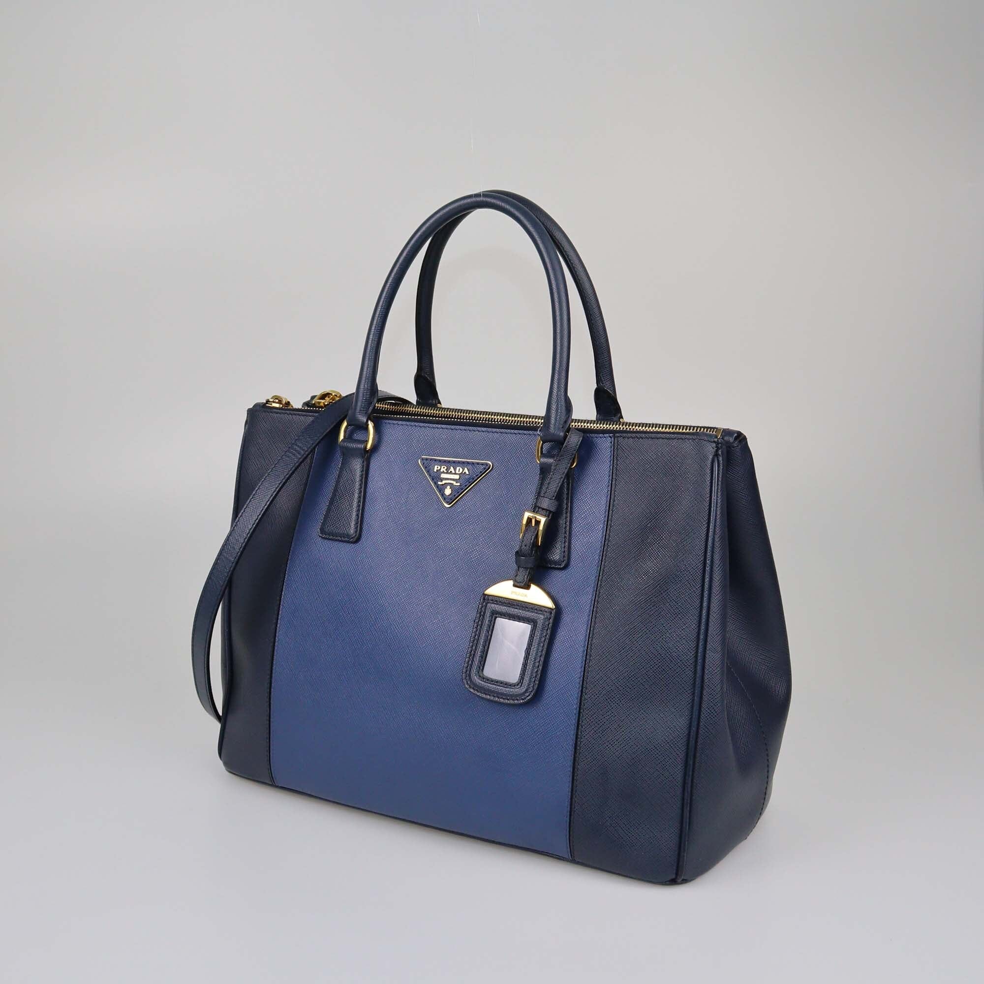 Prada Two Tone Blue Saffiano Lux Medium Double Zip Tote Womens Prada 