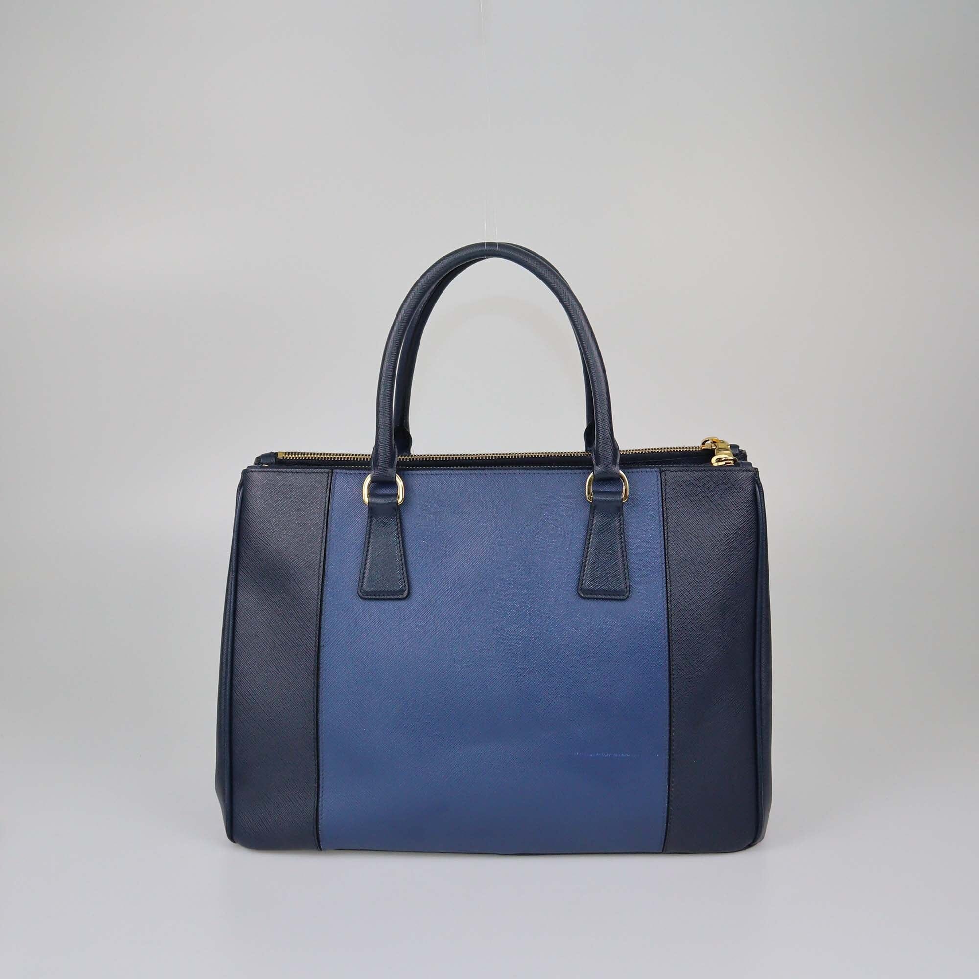 Prada Two Tone Blue Saffiano Lux Medium Double Zip Tote Womens Prada 