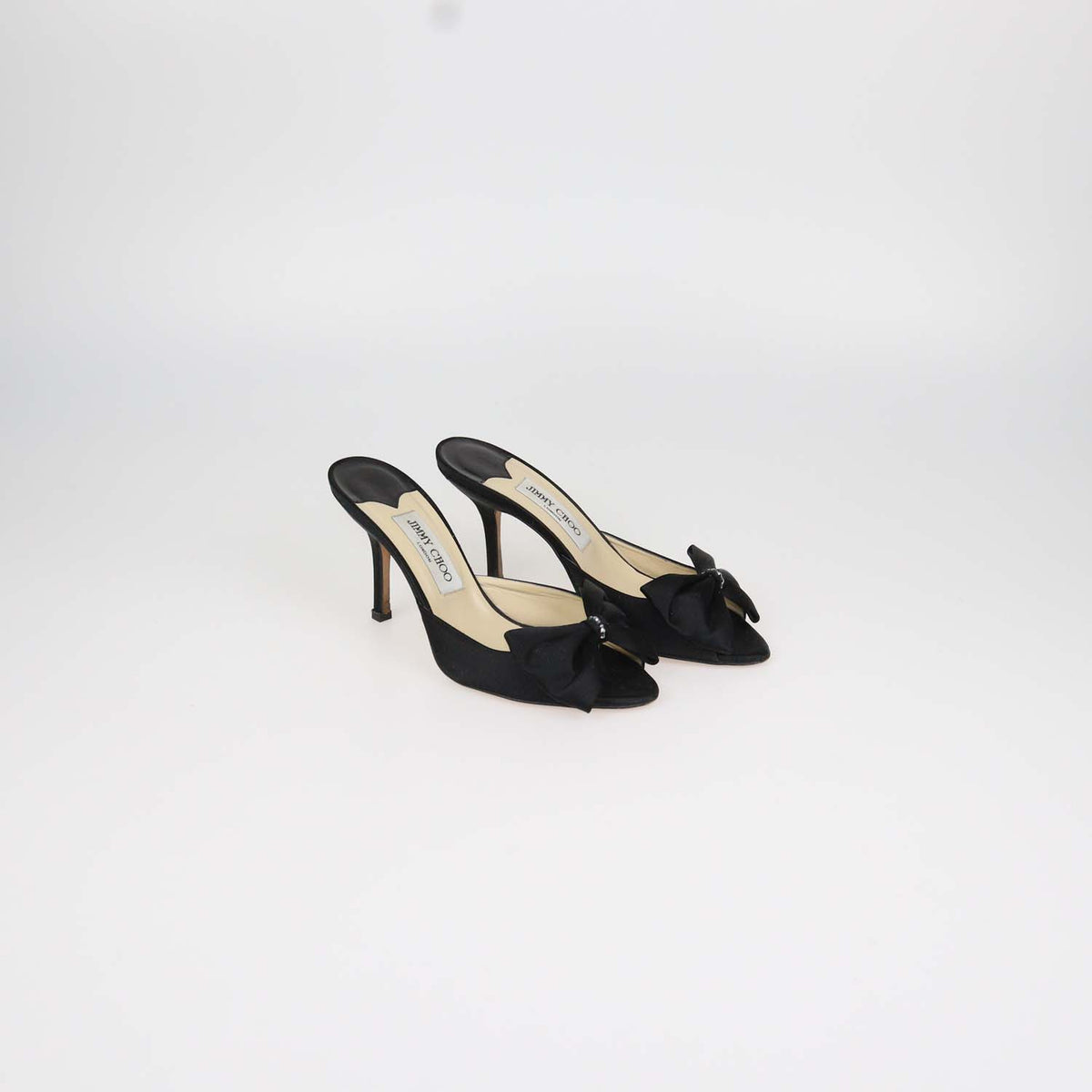 Jimmy Choo Black Satin Bow Slide Sandals