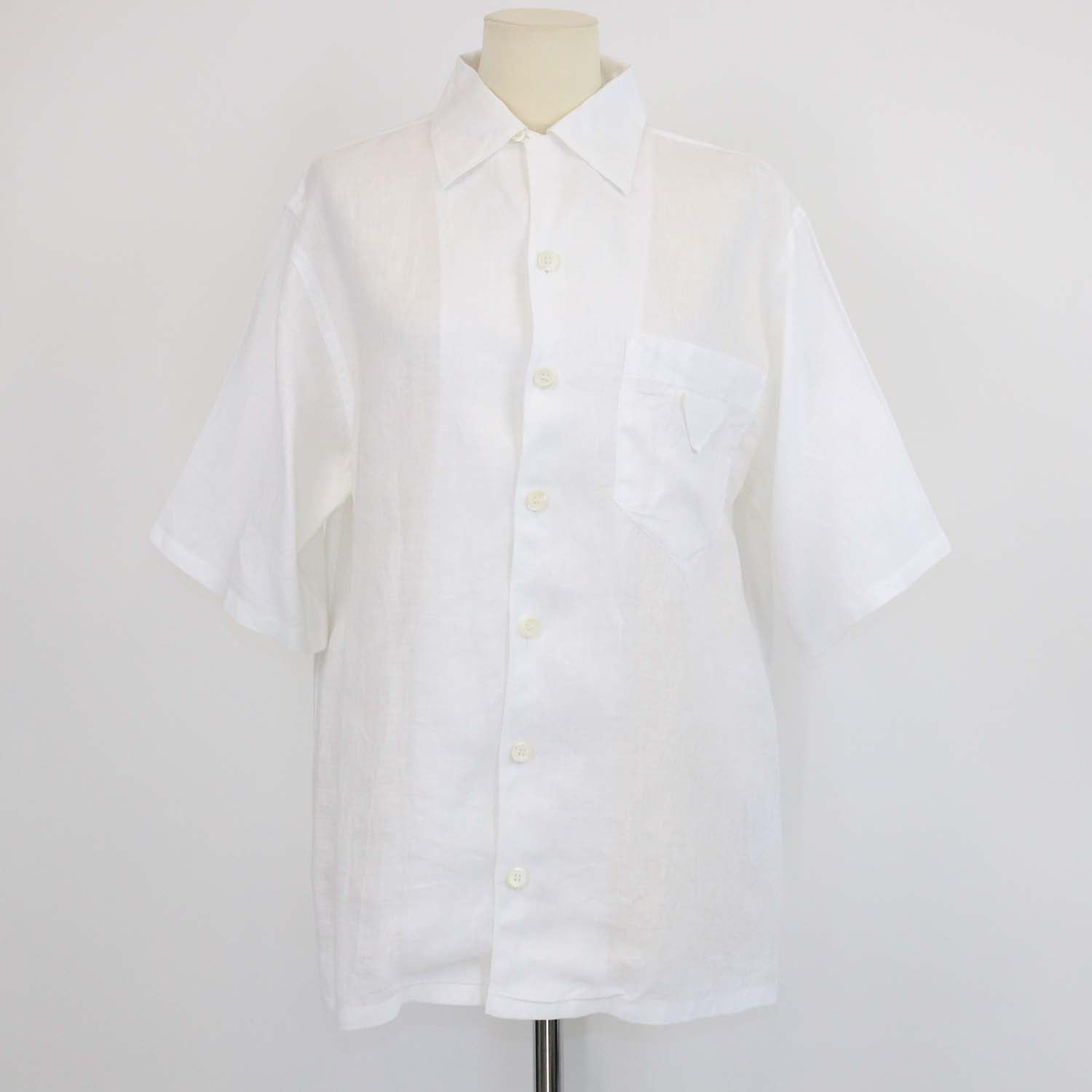 Prada White Linen Logo Patch Short Sleeve Shirt