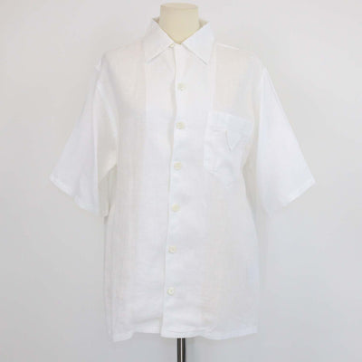 Prada White Linen Logo Patch Short Sleeve Shirt