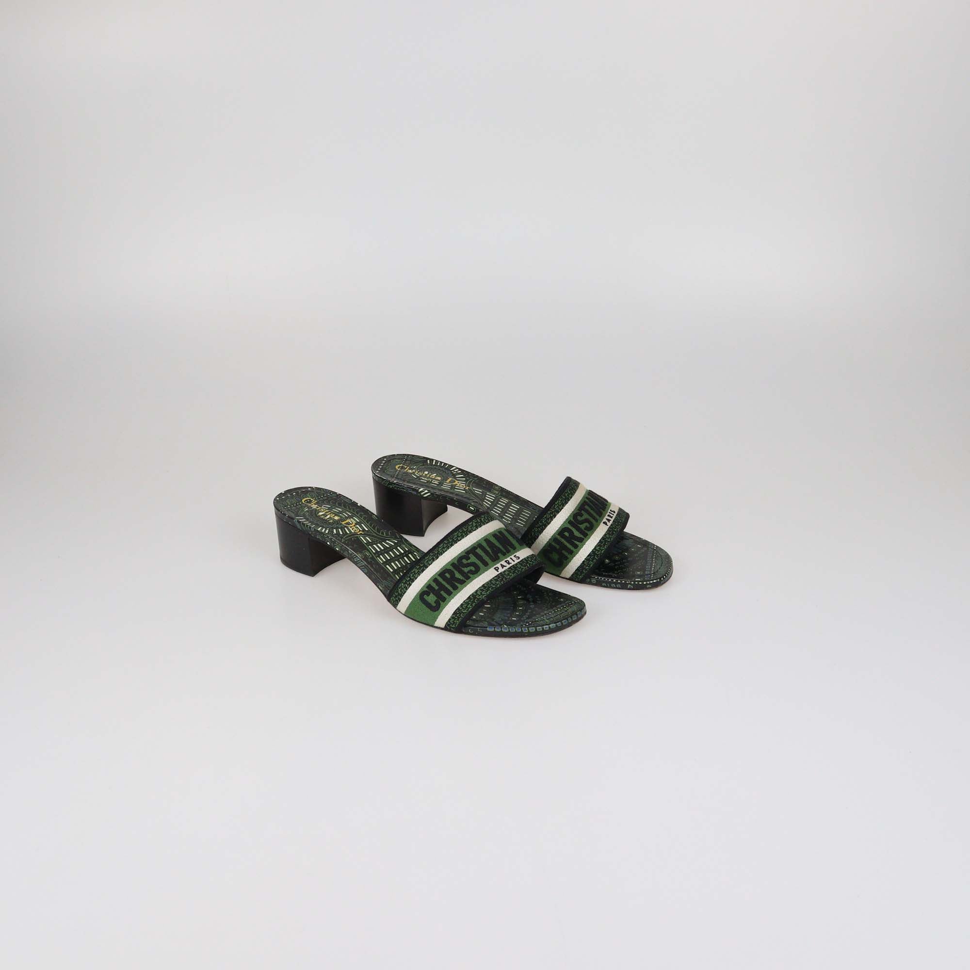 Christian Dior Green Embroidered Canvas Dway Sandals