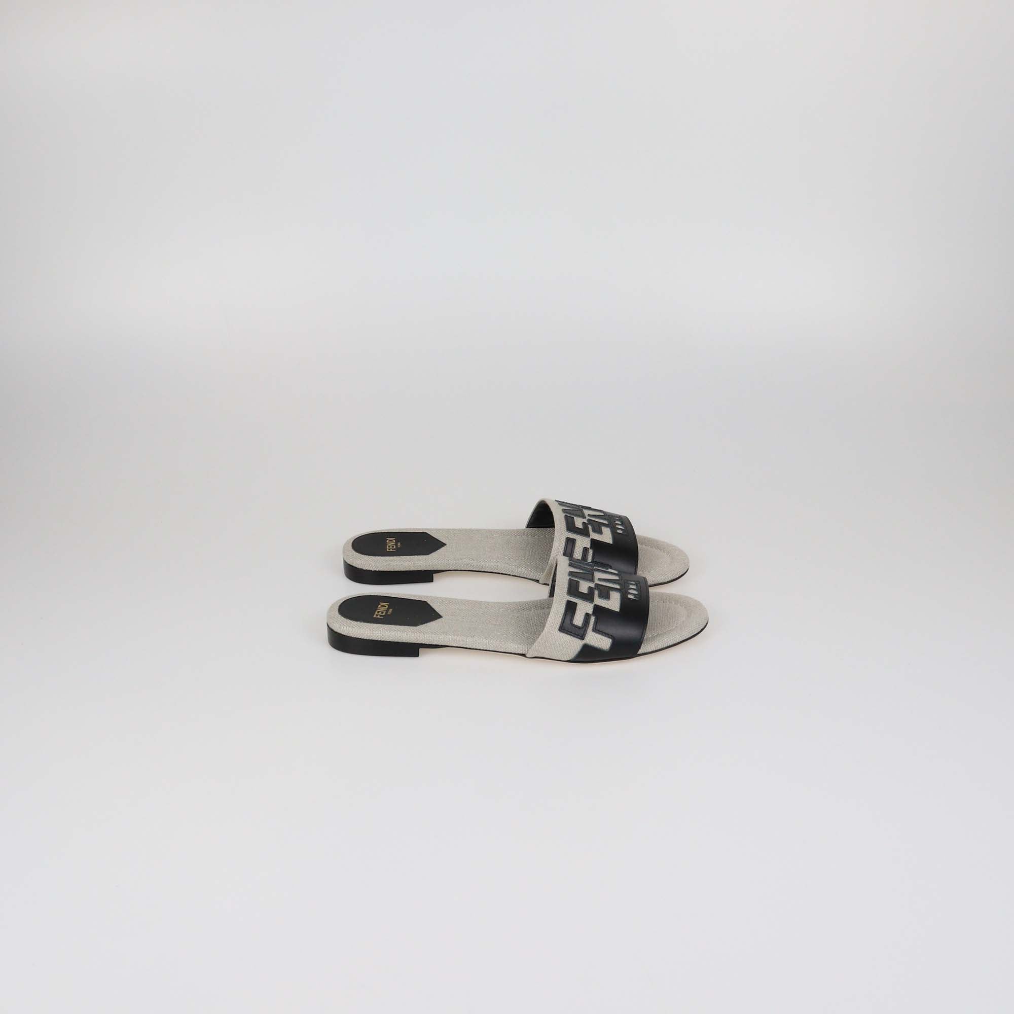Fendi Beige/Black Canvas and Leather Logo Flat Slides