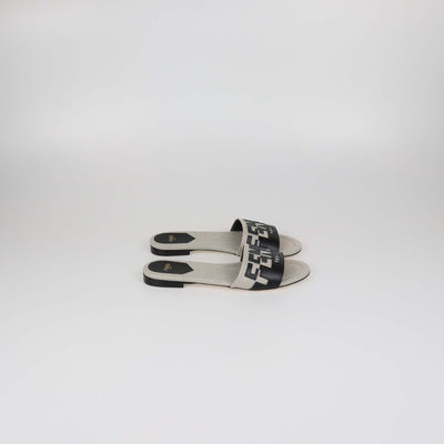 Fendi Beige/Black Canvas and Leather Logo Flat Slides
