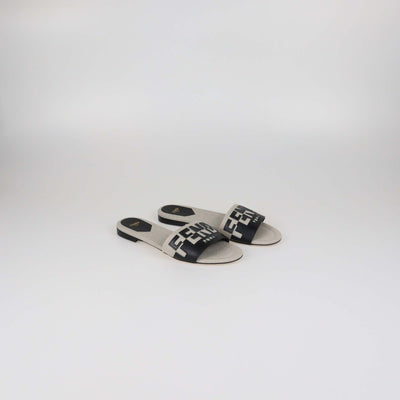 Fendi Beige/Black Canvas and Leather Logo Flat Slides