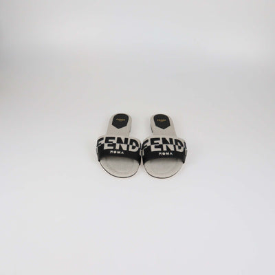 Fendi Beige/Black Canvas and Leather Logo Flat Slides