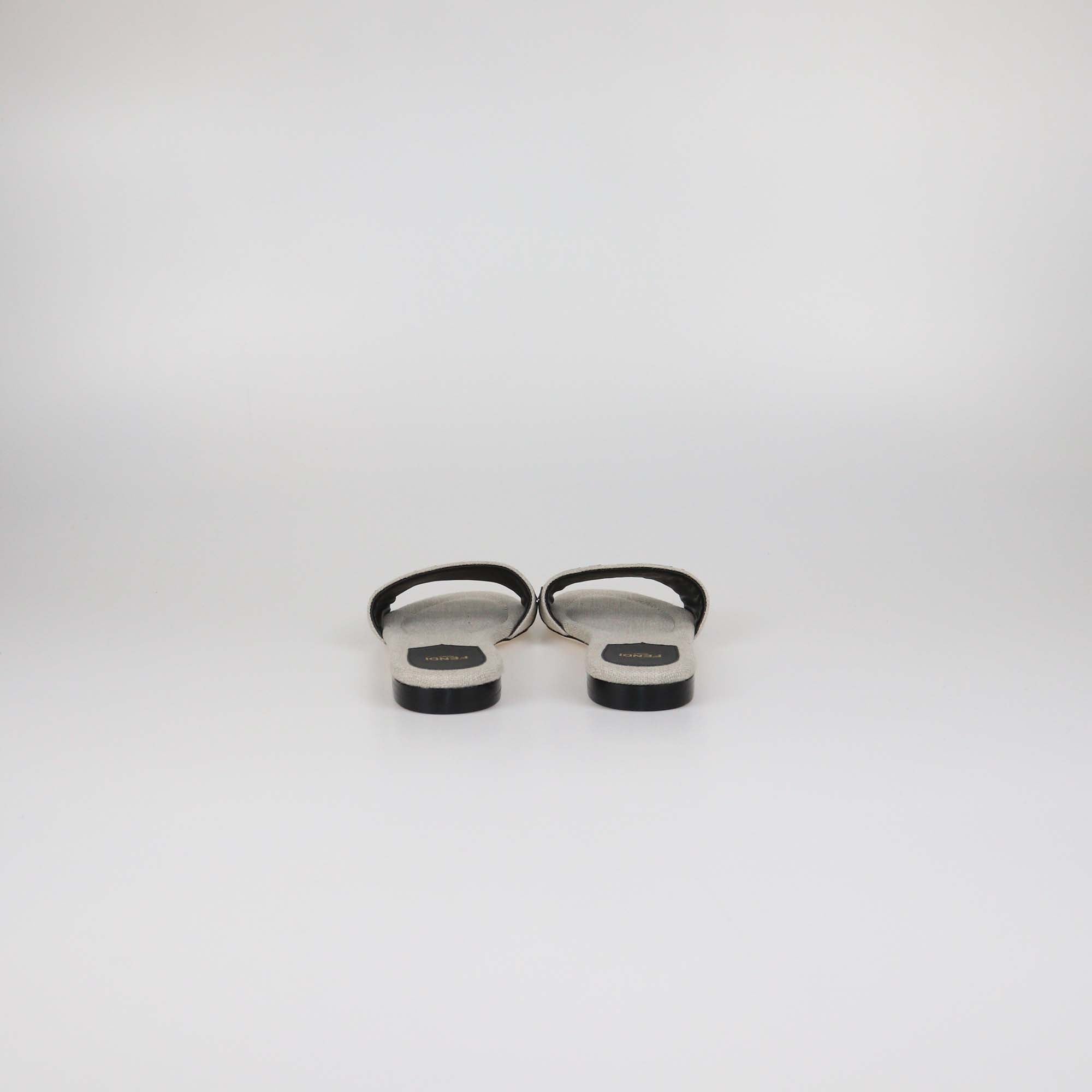 Fendi Beige/Black Canvas and Leather Logo Flat Slides