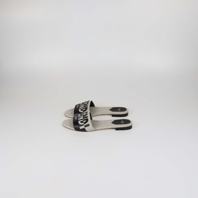 Fendi Beige/Black Canvas and Leather Logo Flat Slides