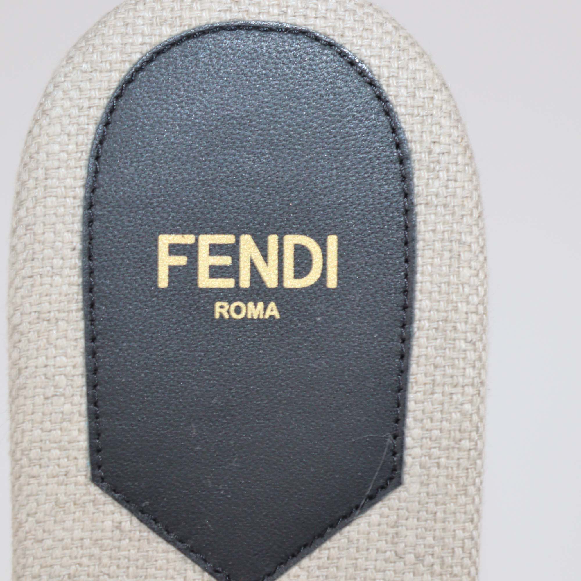Fendi Beige/Black Canvas and Leather Logo Flat Slides
