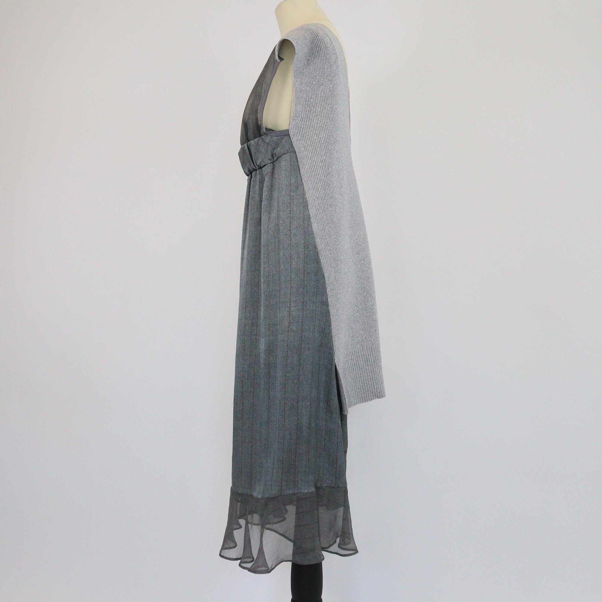 Sacai Grey Pinstripe Layered Knitted Front Sleeveless Midi Dress Womens Sacai 