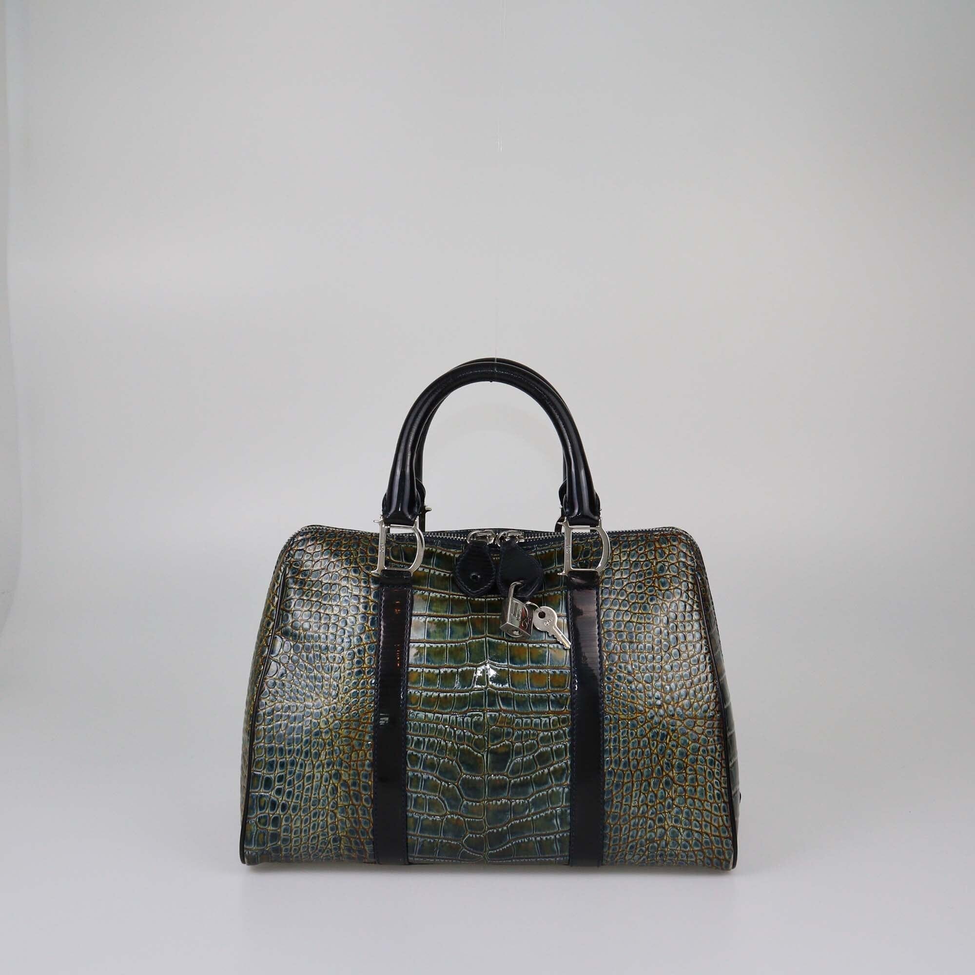 Christian Dior Blue/Olive Green Croc Embossed Boston Bag Womens Christian Dior 