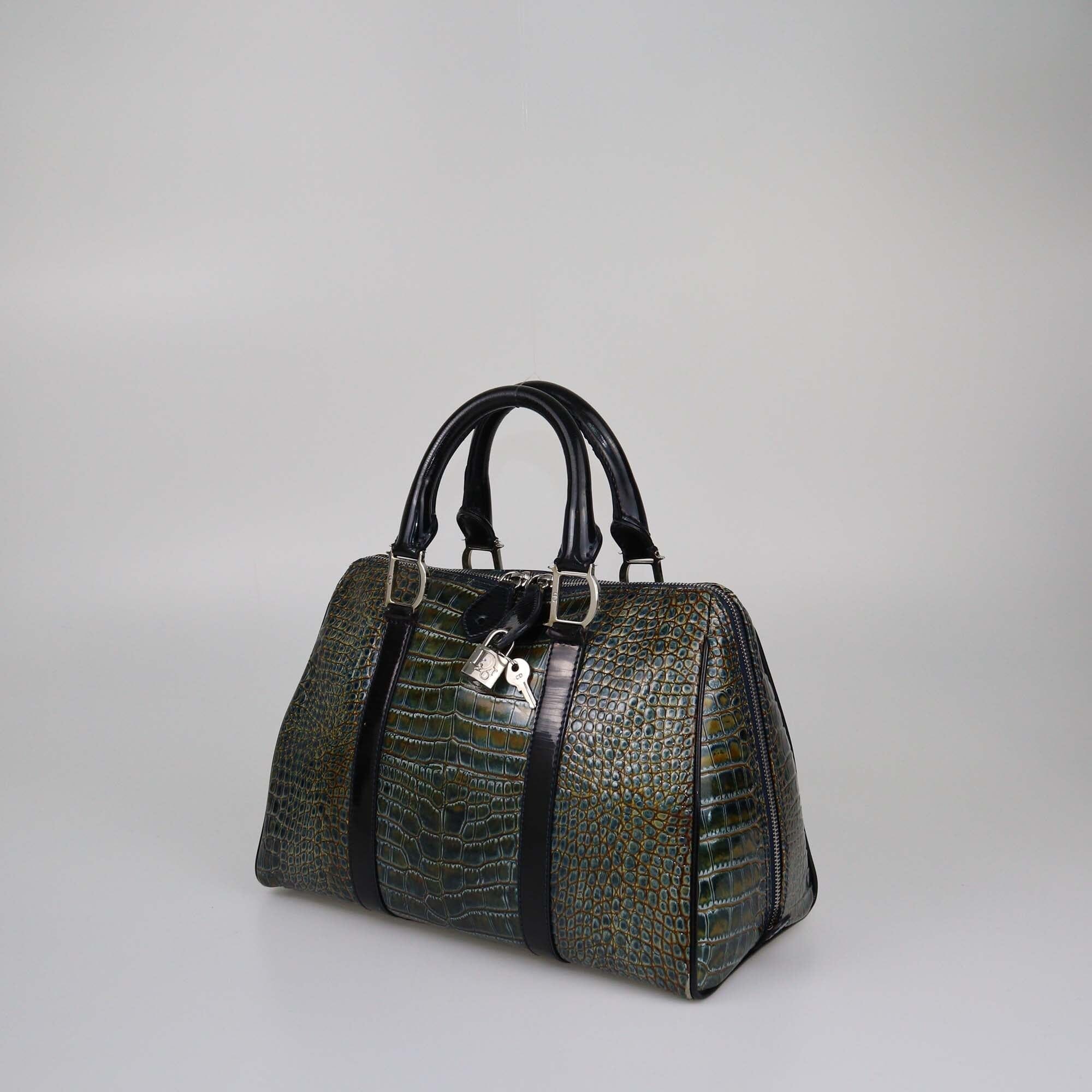 Christian Dior Blue/Olive Green Croc Embossed Boston Bag Womens Christian Dior 