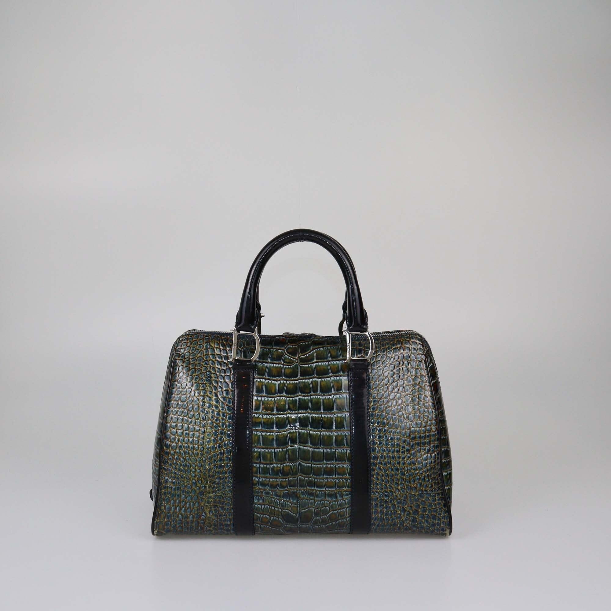 Christian Dior Blue/Olive Green Croc Embossed Boston Bag Womens Christian Dior 