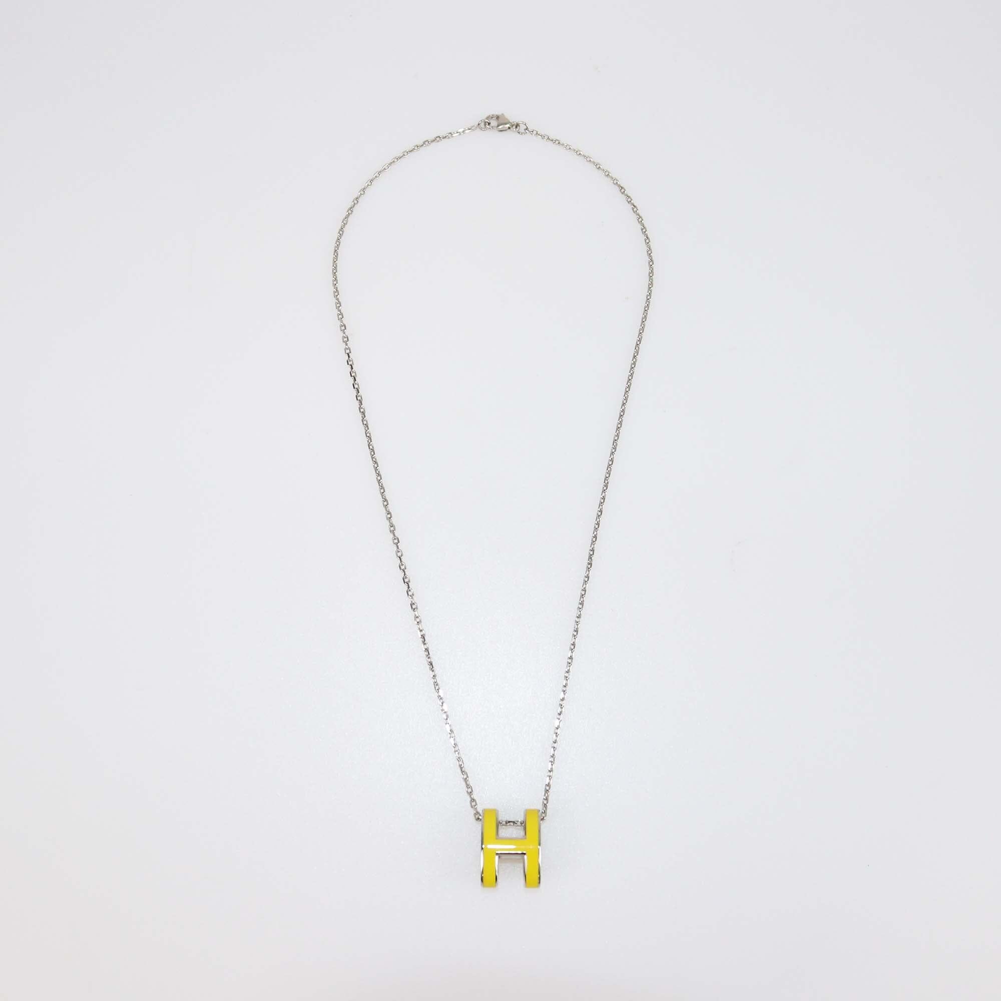 Hermes Yellow Enamel Silver Tone Mini Pop H Pendant Necklace Womens Hermes 