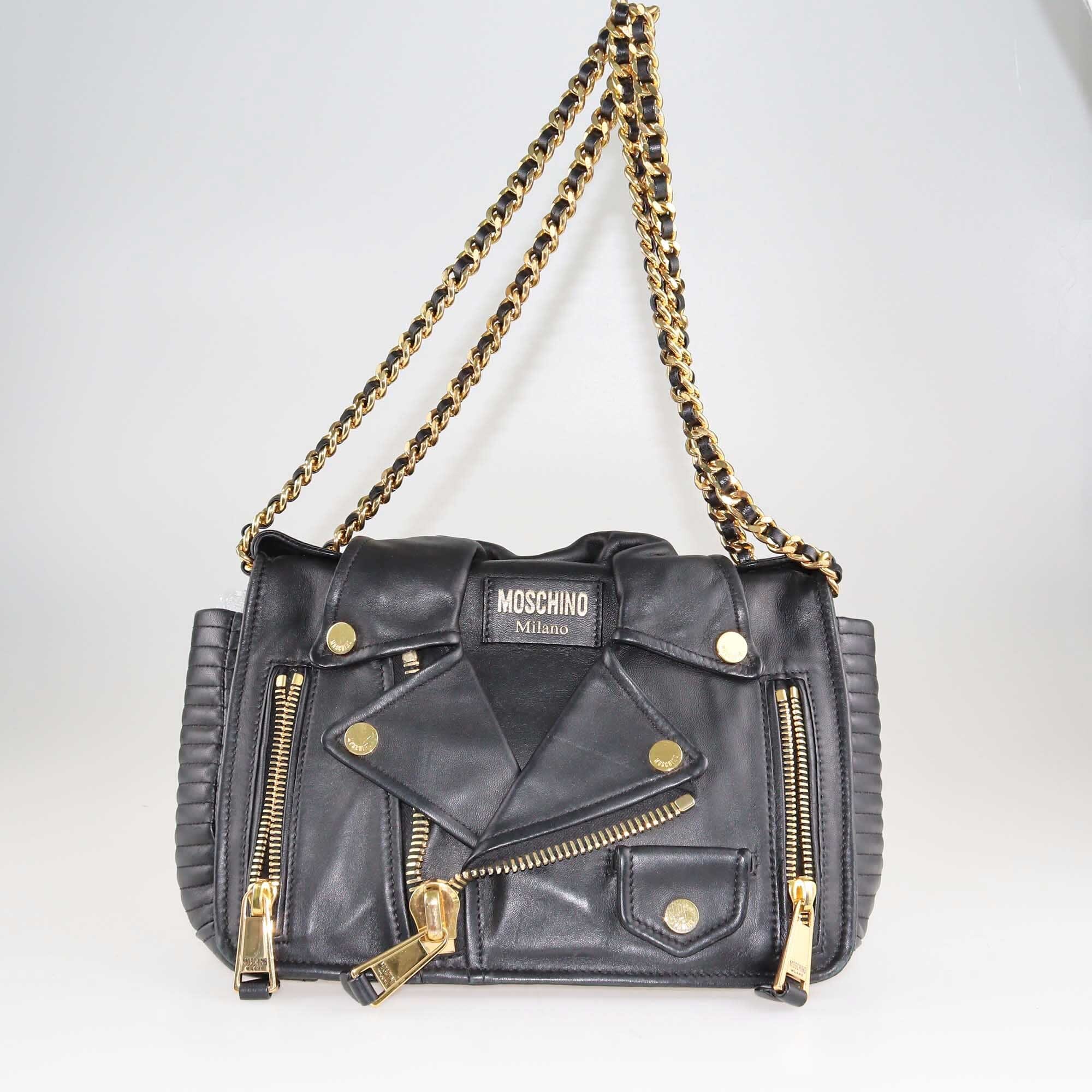 Moschino Black Leather Biker Jacket Shoulder Bag Bags Moschino 