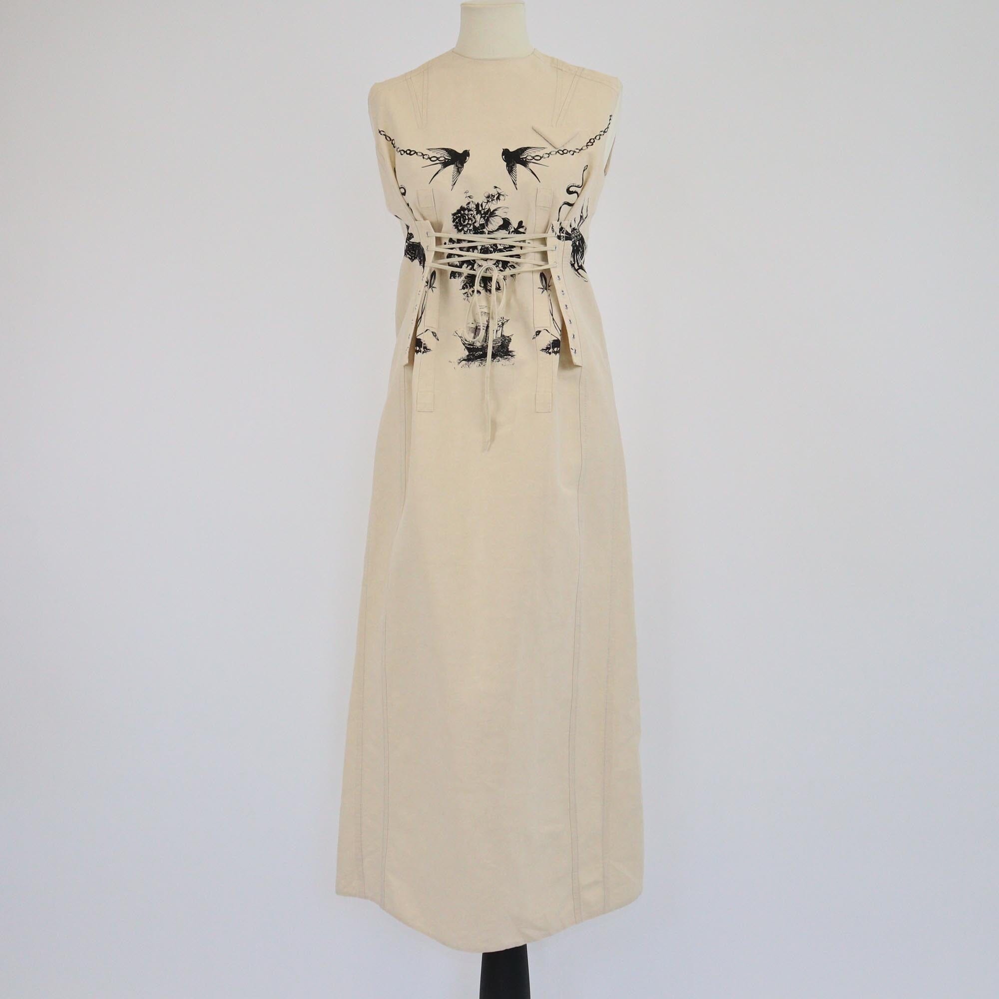 Prada Beige Sleeveless Round Neck Lace Details Printed Midi Dress Womens Prada 