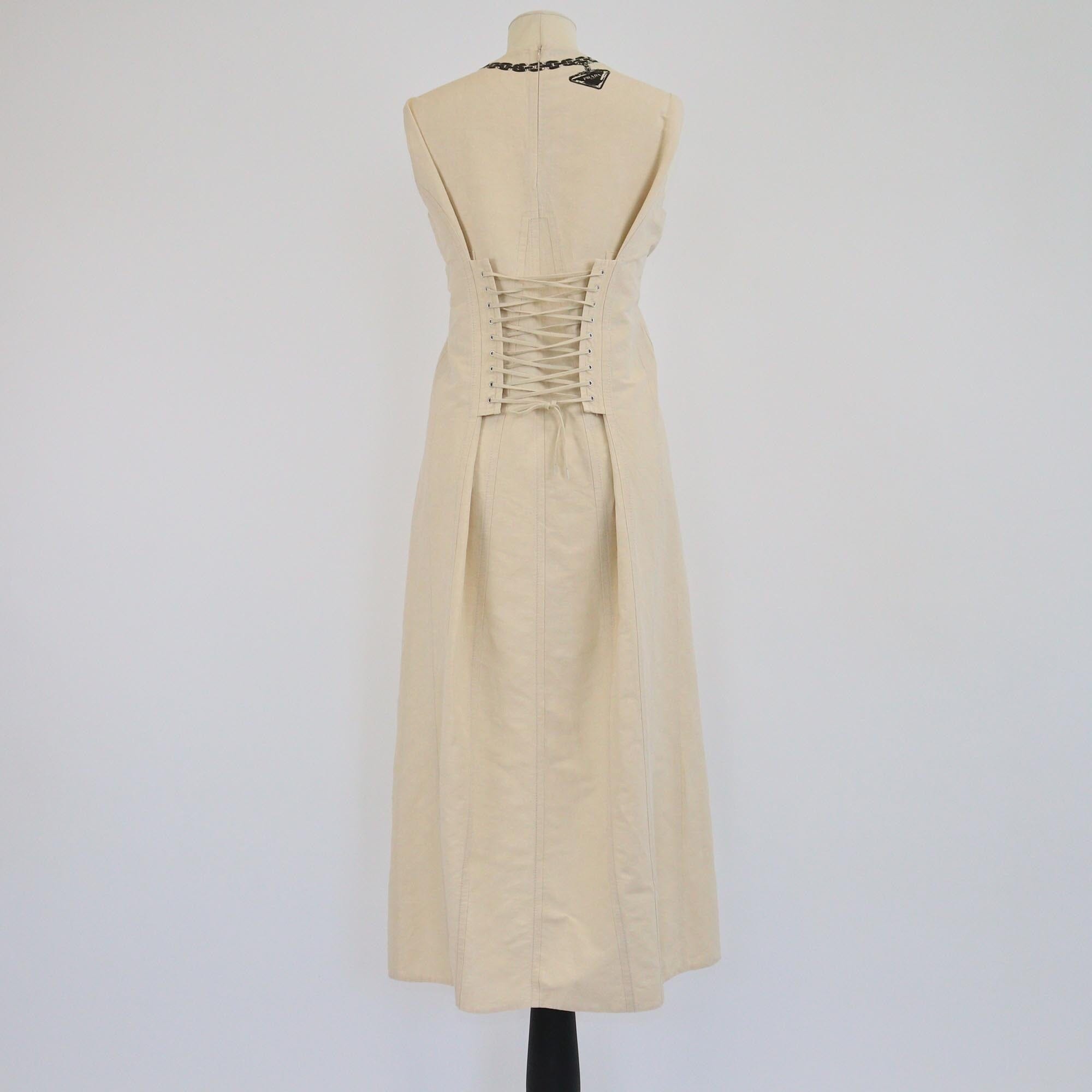Prada Beige Sleeveless Round Neck Lace Details Printed Midi Dress Womens Prada 