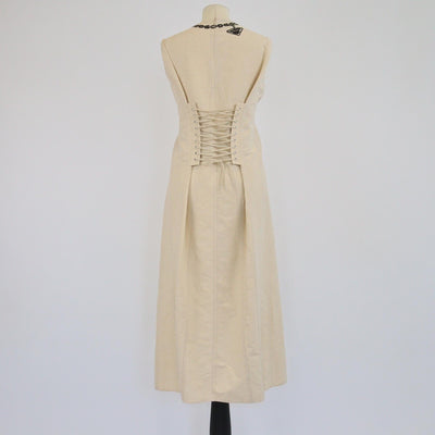 Prada Beige Sleeveless Round Neck Lace Details Printed Midi Dress Womens Prada 
